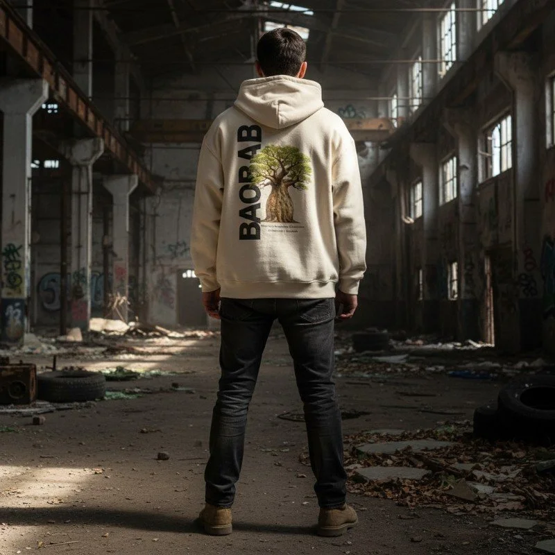 Person wearing sand hoodie with Kimberley baobab tree design inspired by Western Australia nature.