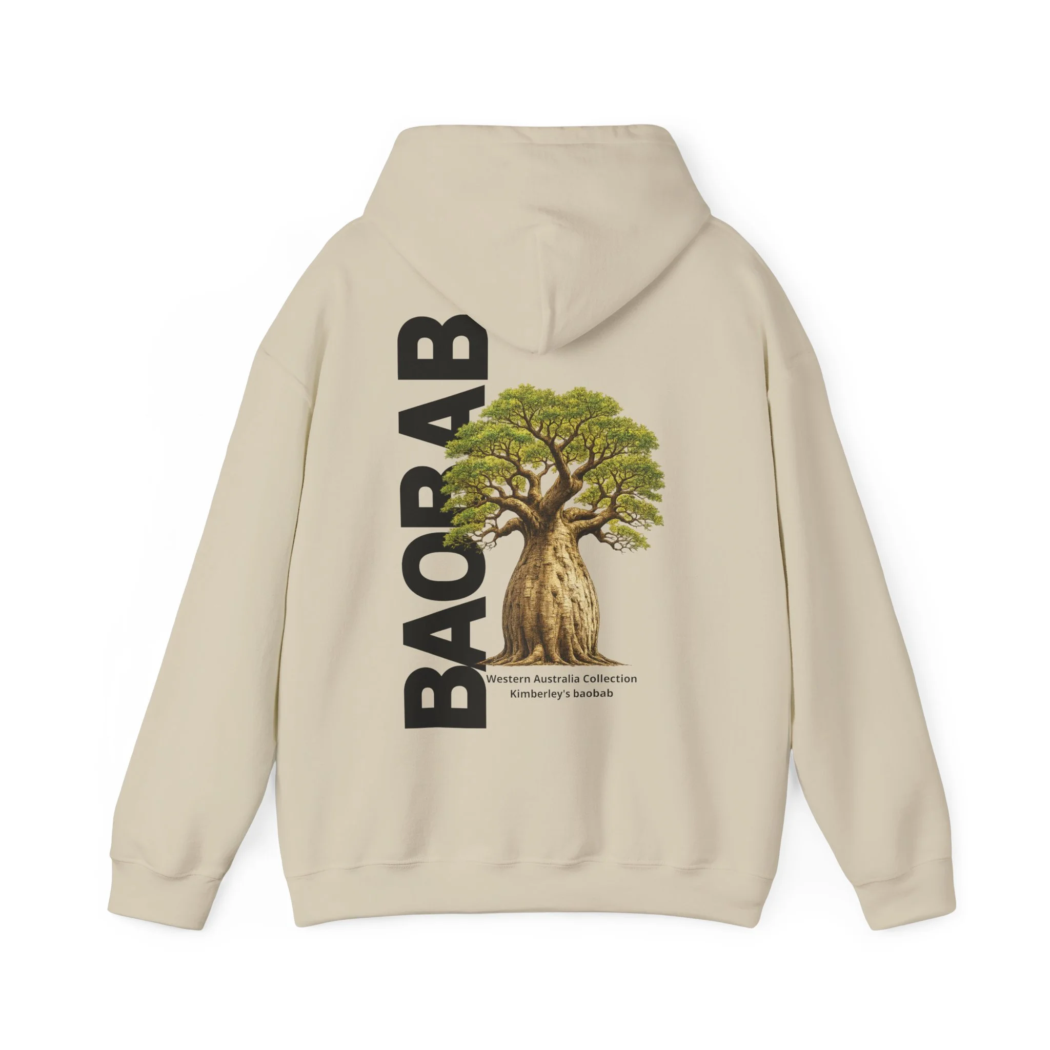 Sand hoodie featuring Kimberley baobab tree illustration inspired by Western Australia landscape.