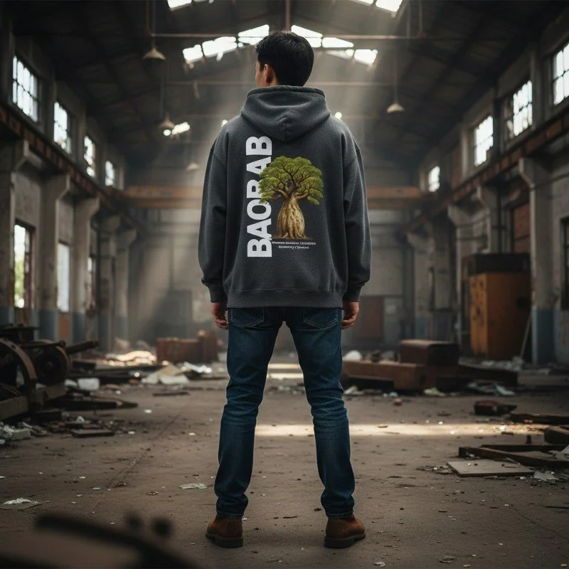 Person wearing dark grey hoodie with Kimberley baobab tree design inspired by Western Australia nature.