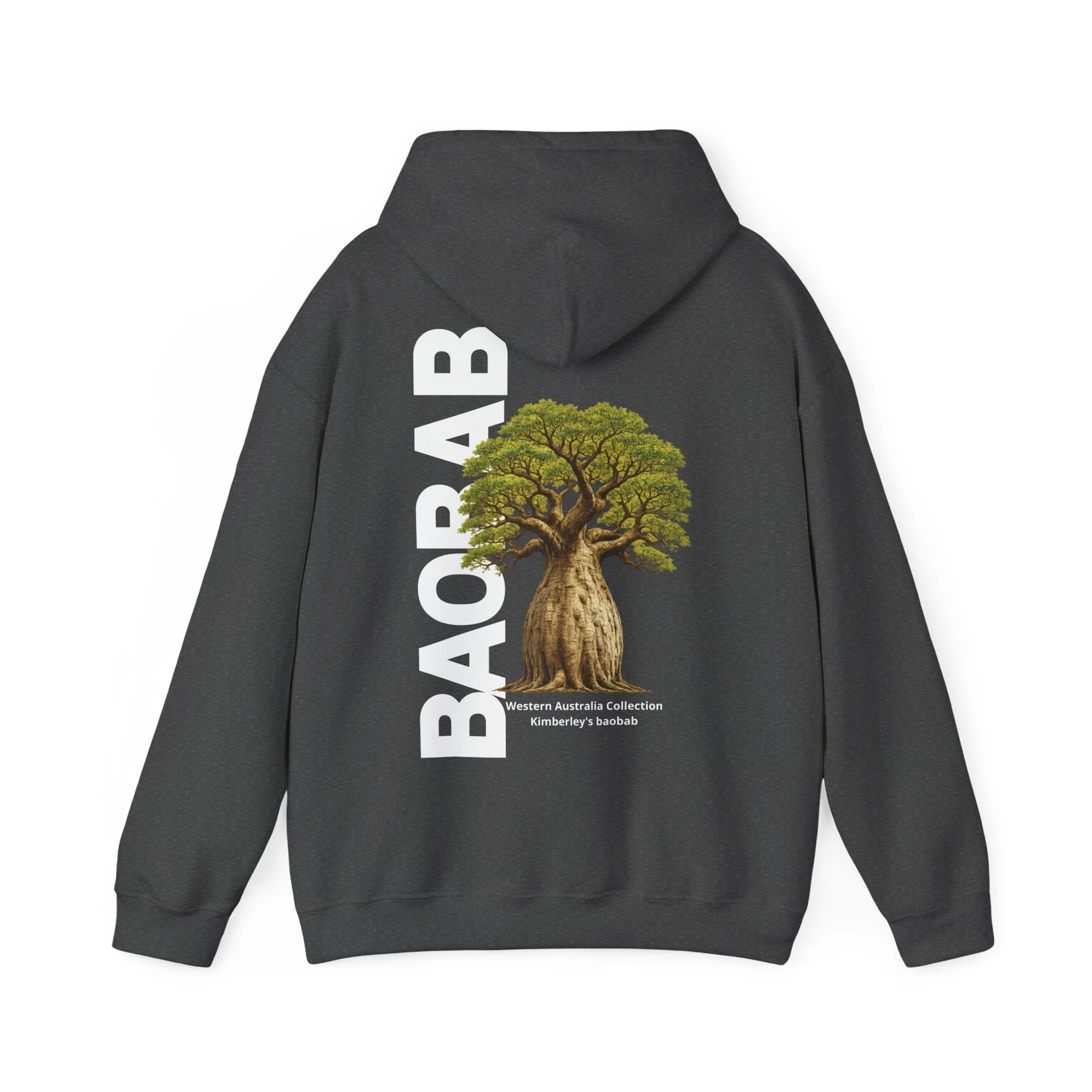 Dark grey hoodie featuring Kimberley baobab tree illustration inspired by Western Australia landscape.