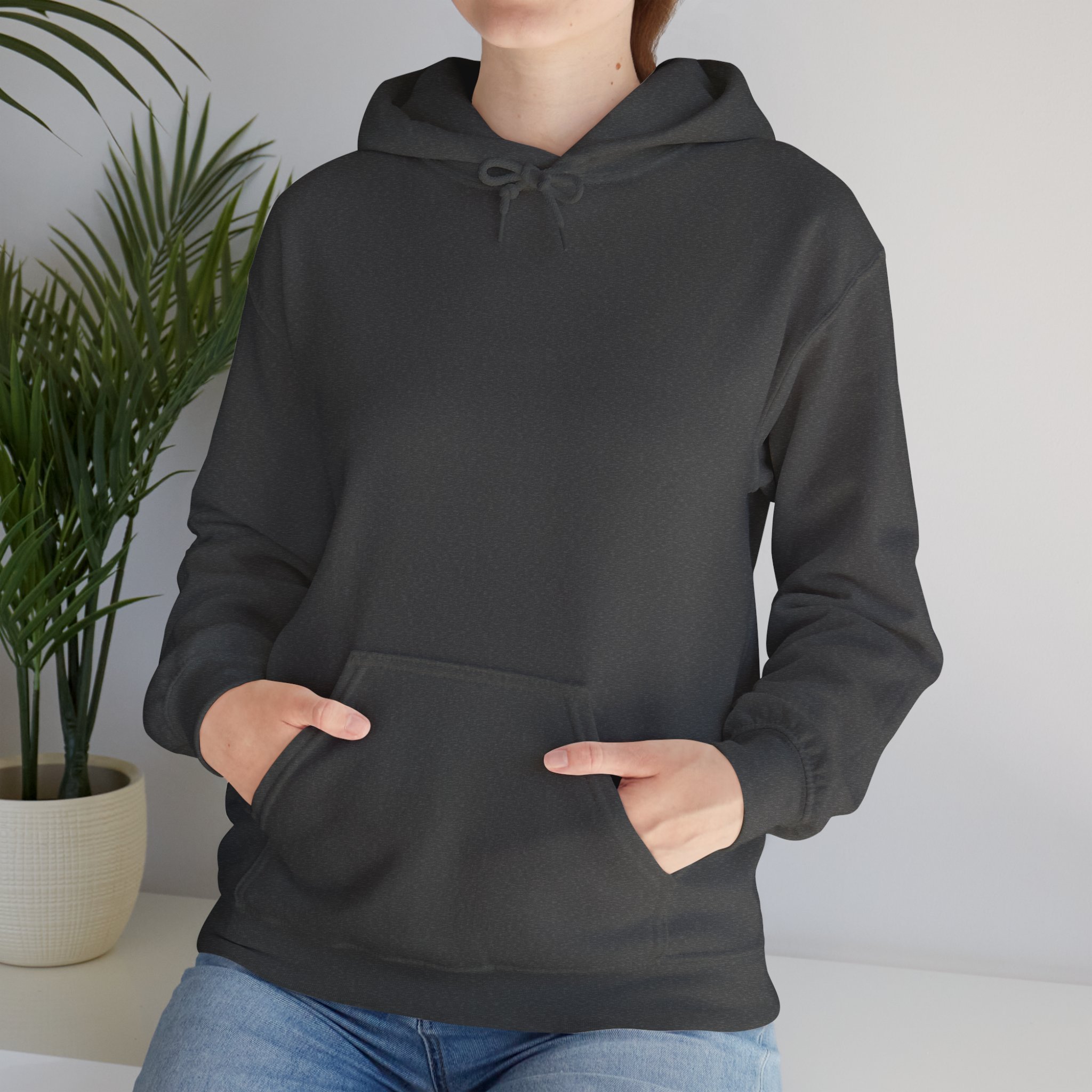 Front view of dark grey hoodie with kangaroo pocket from Western Australia nature inspired apparel collection.