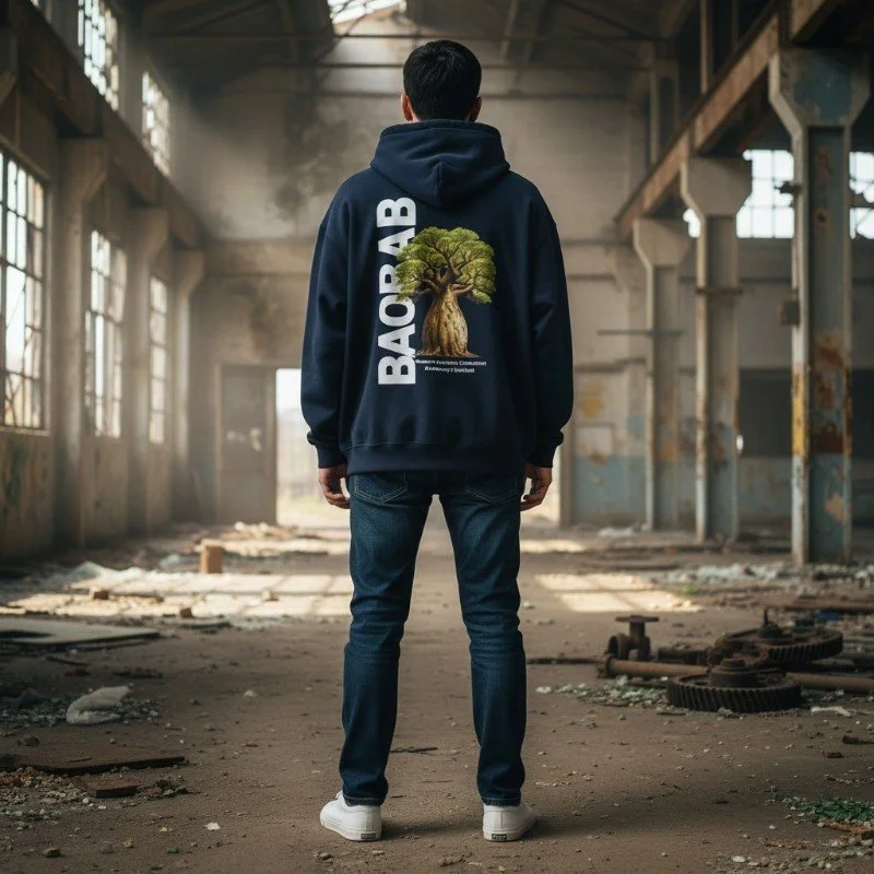 Person wearing navy hoodie with Kimberley baobab tree design inspired by Western Australia nature.