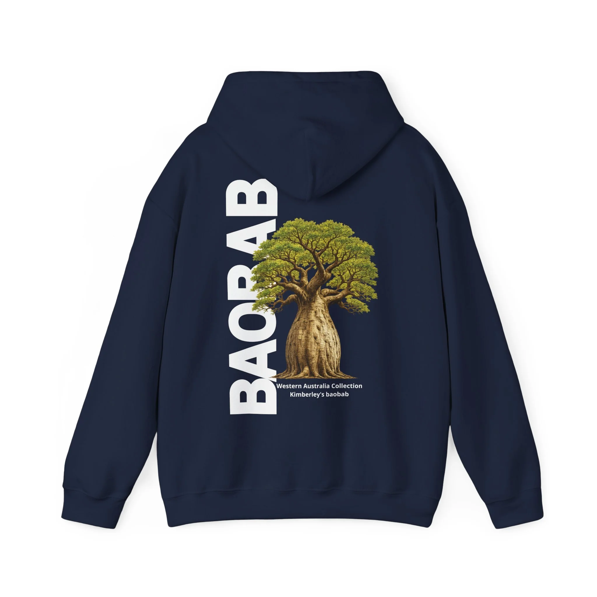 Navy hoodie featuring Kimberley baobab tree illustration inspired by Western Australia landscape.