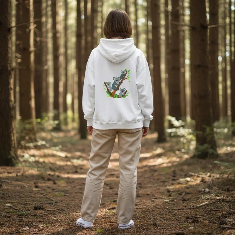 Person wearing white hoodie with koalas climbing tree design inspired by Australian wildlife and nature.