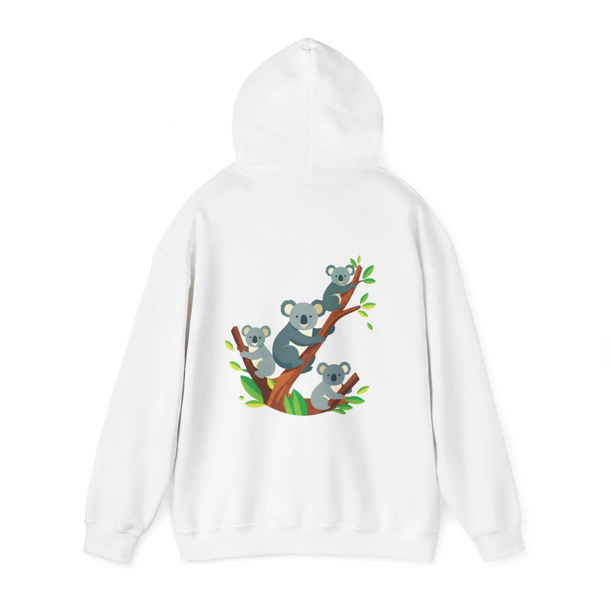 White hoodie with koala family tree illustration inspired by Australian nature and wildlife.