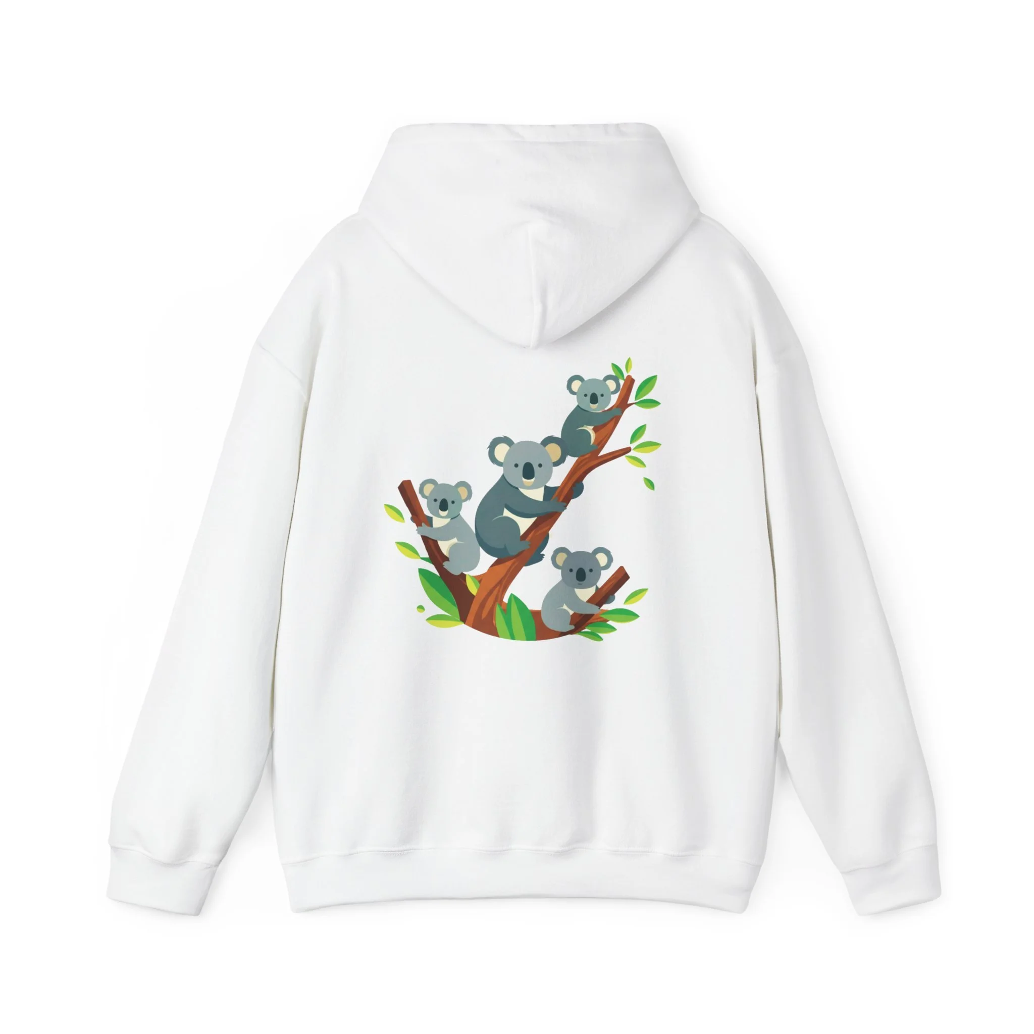 White hoodie featuring cute koalas climbing a tree graphic inspired by Australian wildlife.