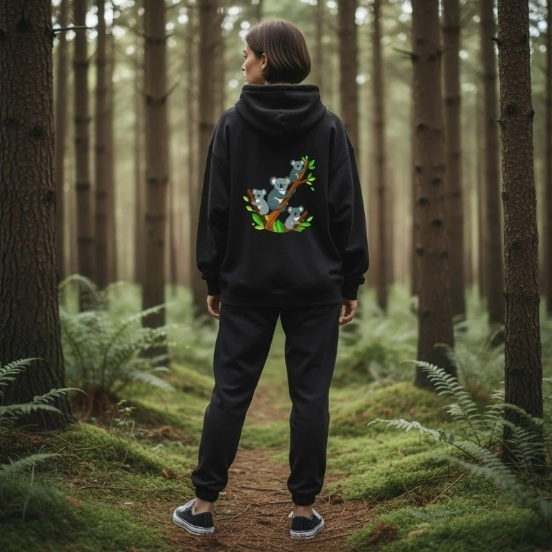 Person wearing black hoodie with koalas climbing tree design inspired by Australian wildlife and nature.