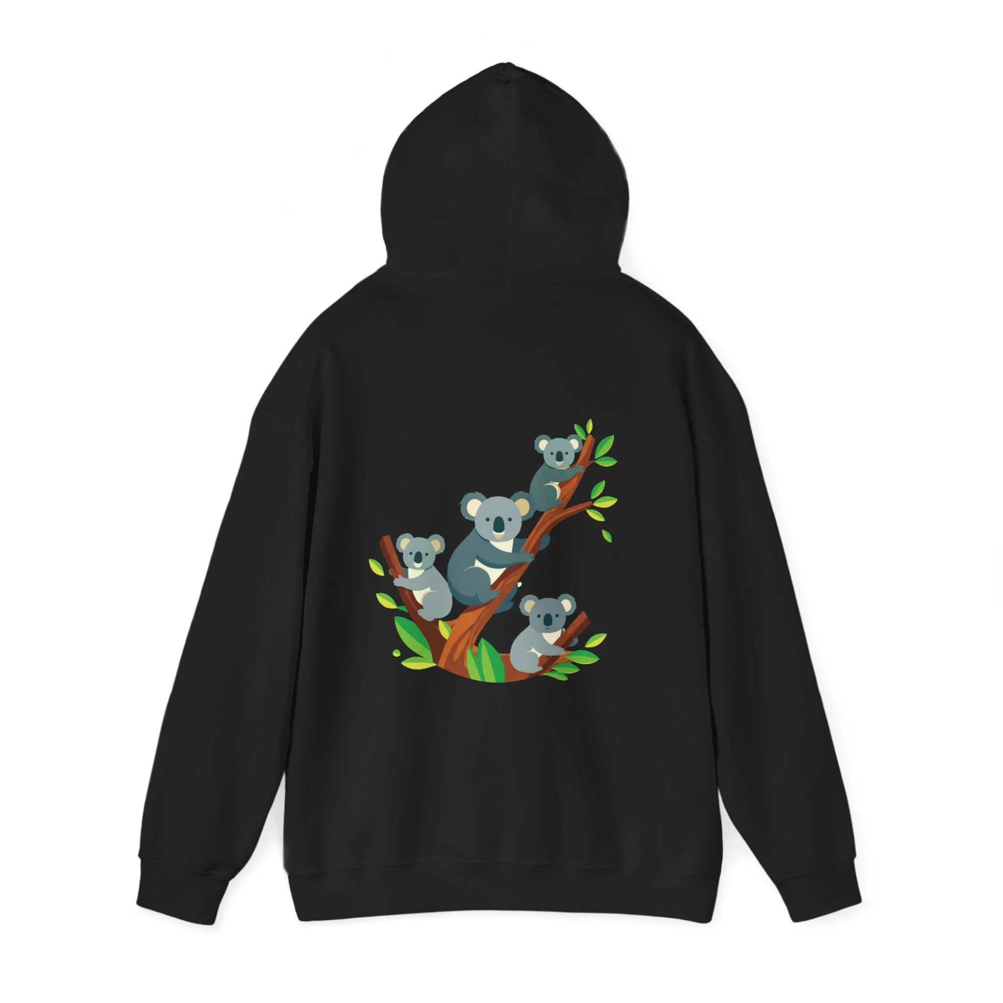 Black hoodie with koala family tree illustration inspired by Australian nature and wildlife.