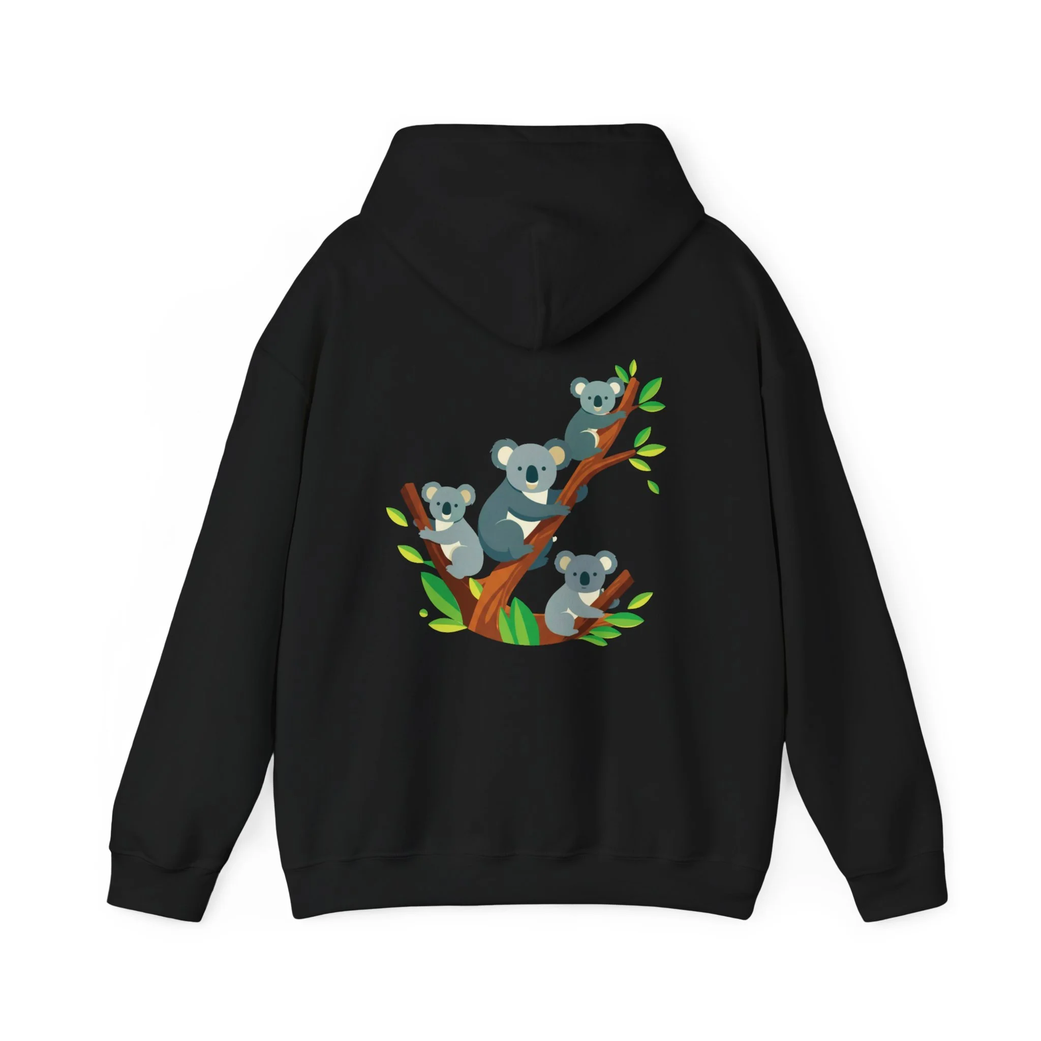 Black hoodie featuring cute koalas climbing a tree graphic inspired by Australian wildlife.
