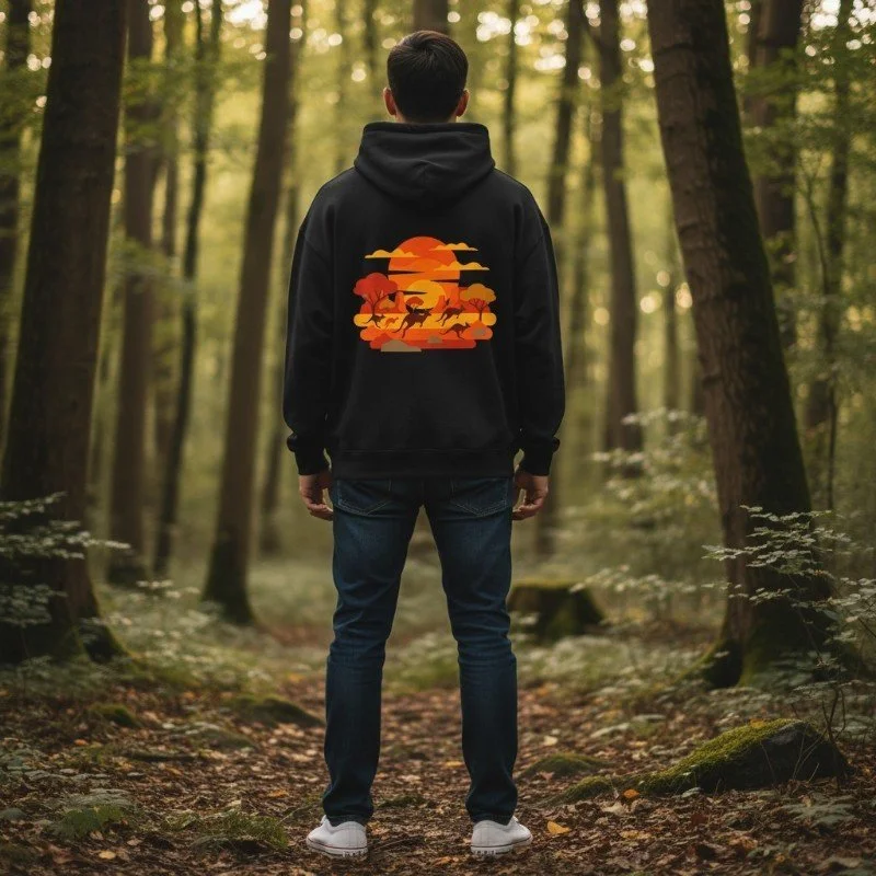 Person wearing black hoodie with kangaroo outback sunset graphic inspired by Western Australia nature.