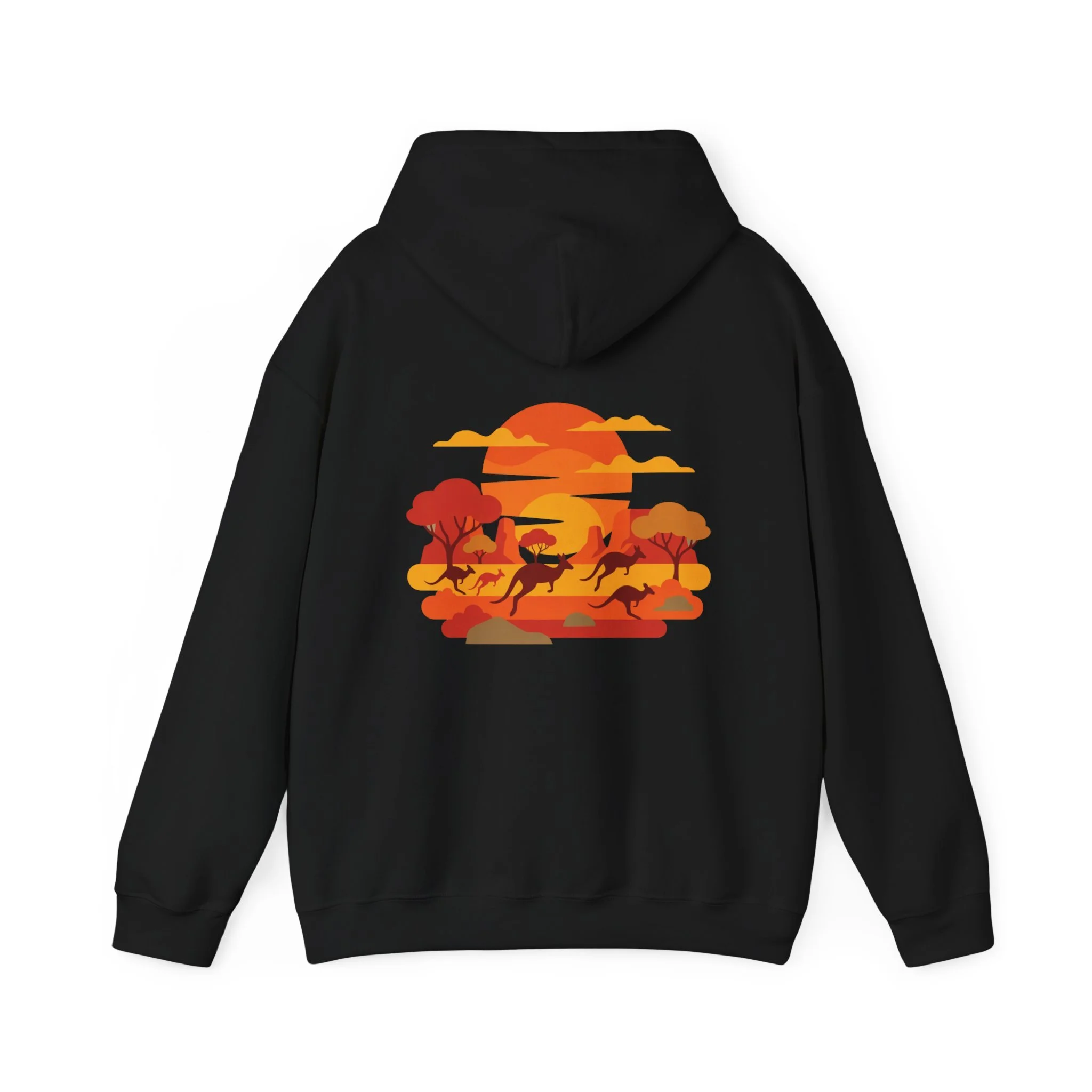 Black hoodie with kangaroo outback sunset design inspired by Australian wildlife and desert landscape.