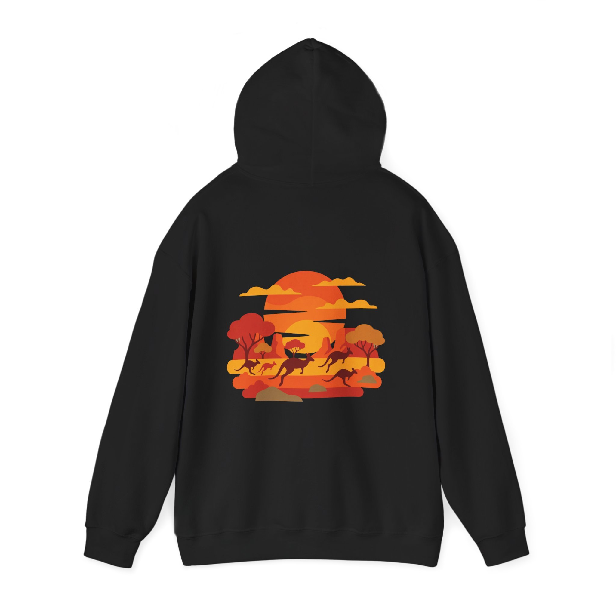 Black hoodie featuring kangaroos in the outback sunset illustration inspired by Western Australia landscape.