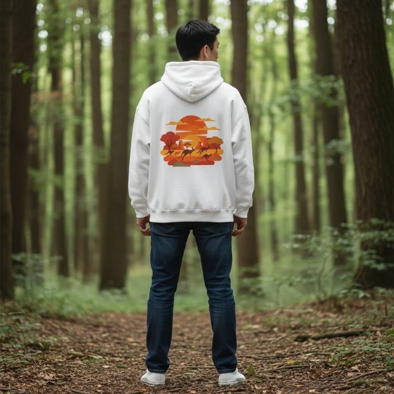 Person wearing white hoodie with kangaroo outback sunset graphic inspired by Western Australia nature.