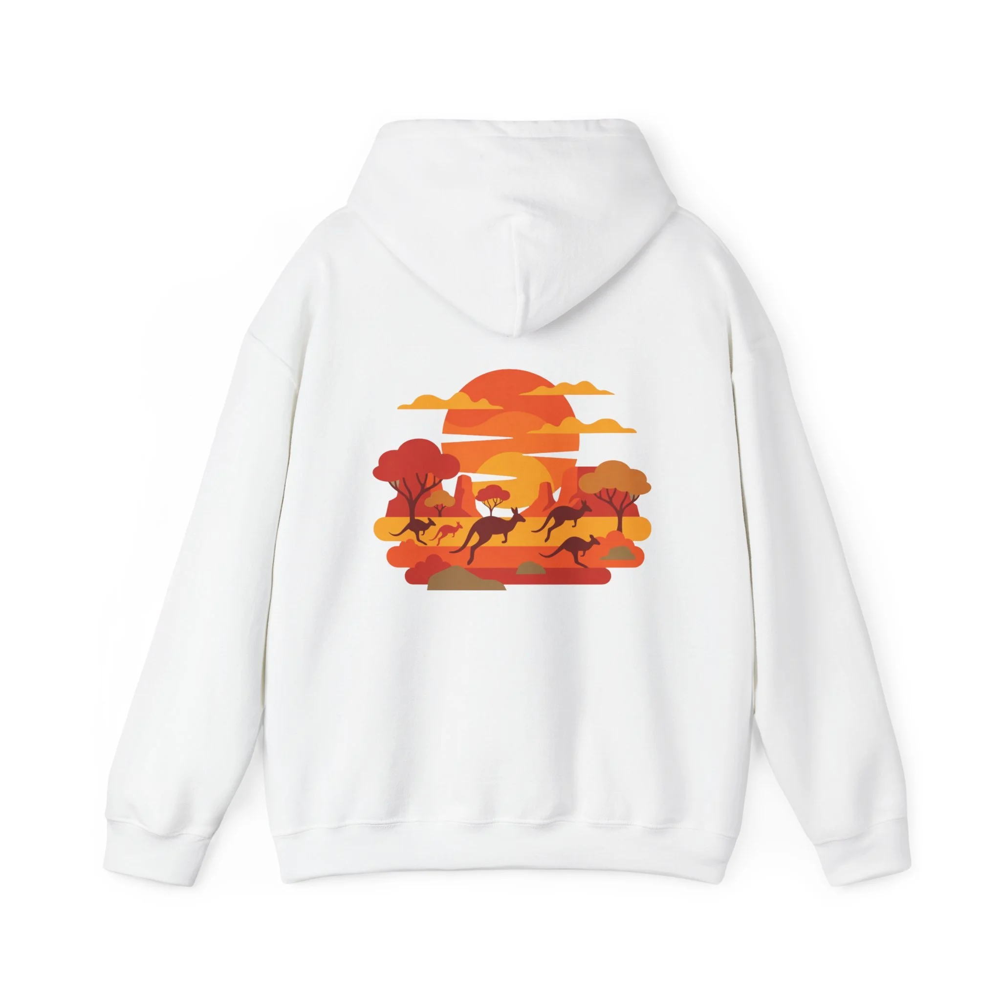 White hoodie with kangaroo outback sunset design inspired by Australian wildlife and desert landscape.