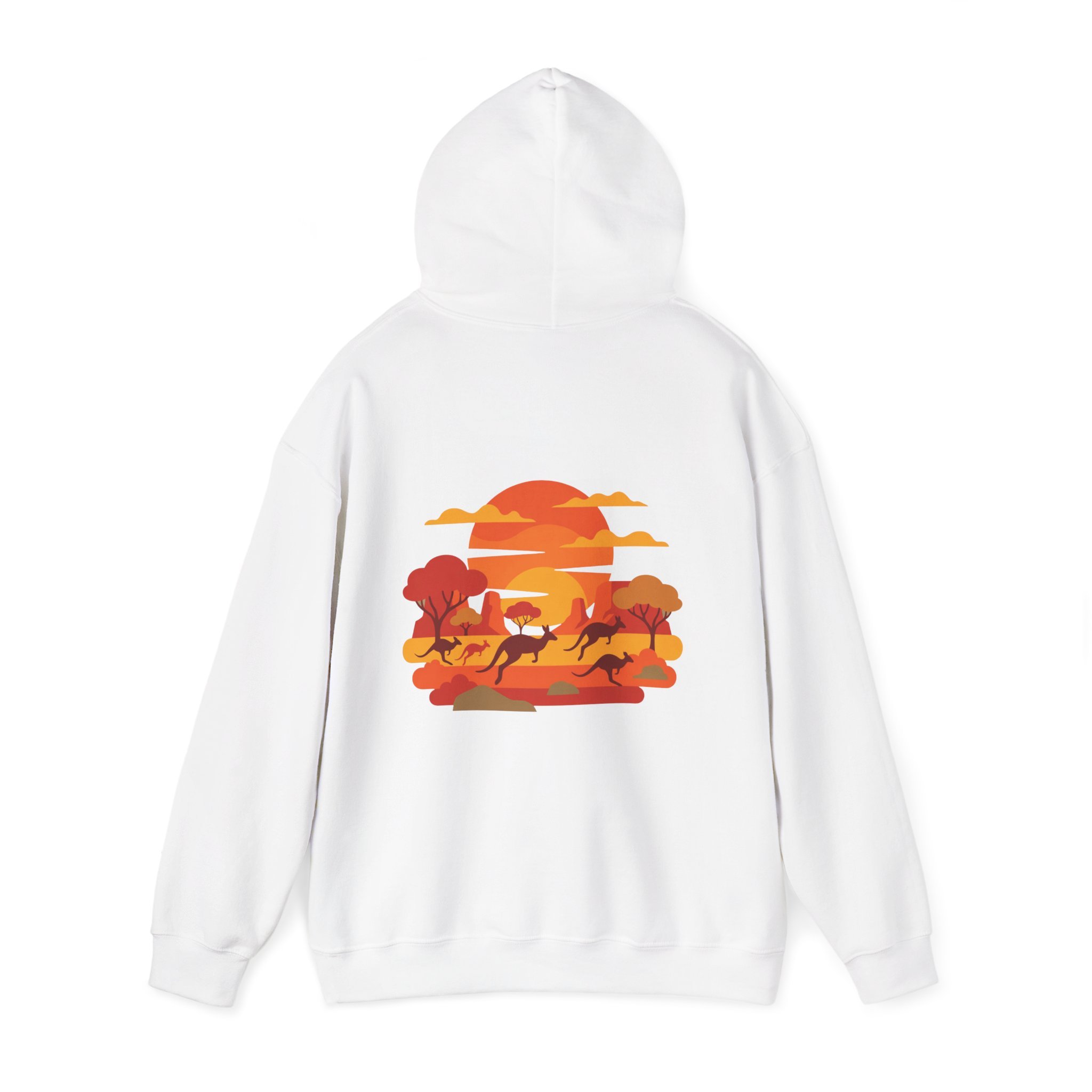White hoodie featuring kangaroos in the outback sunset illustration inspired by Western Australia landscape.