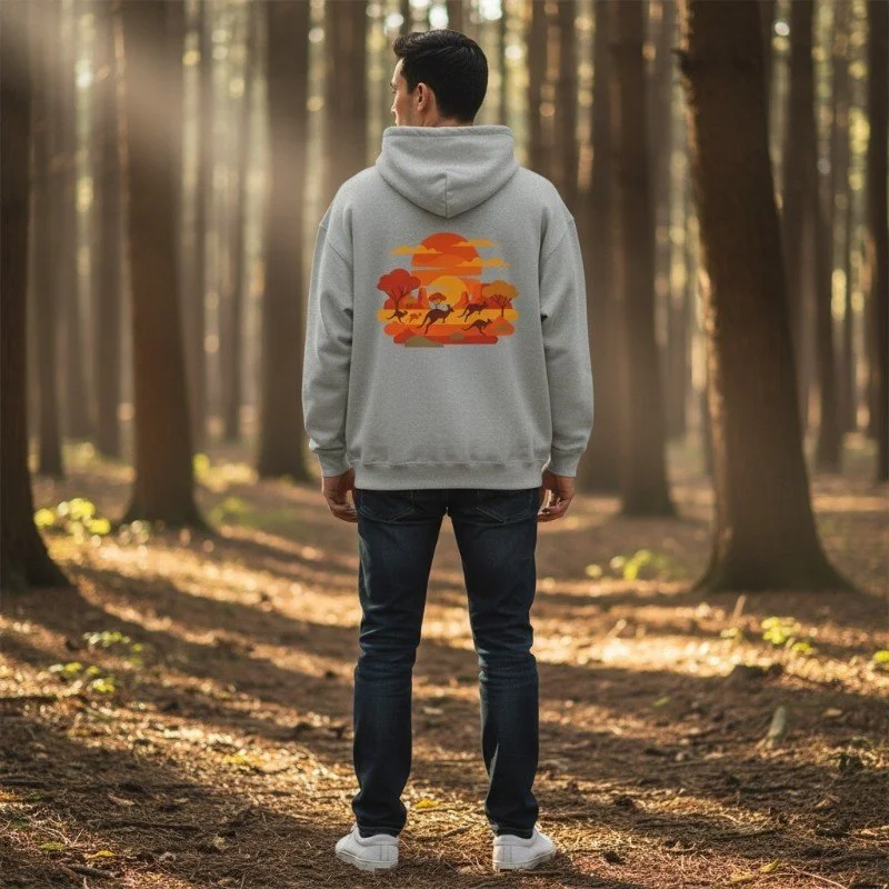 Person wearing grey hoodie with kangaroo outback sunset graphic inspired by Western Australia nature.