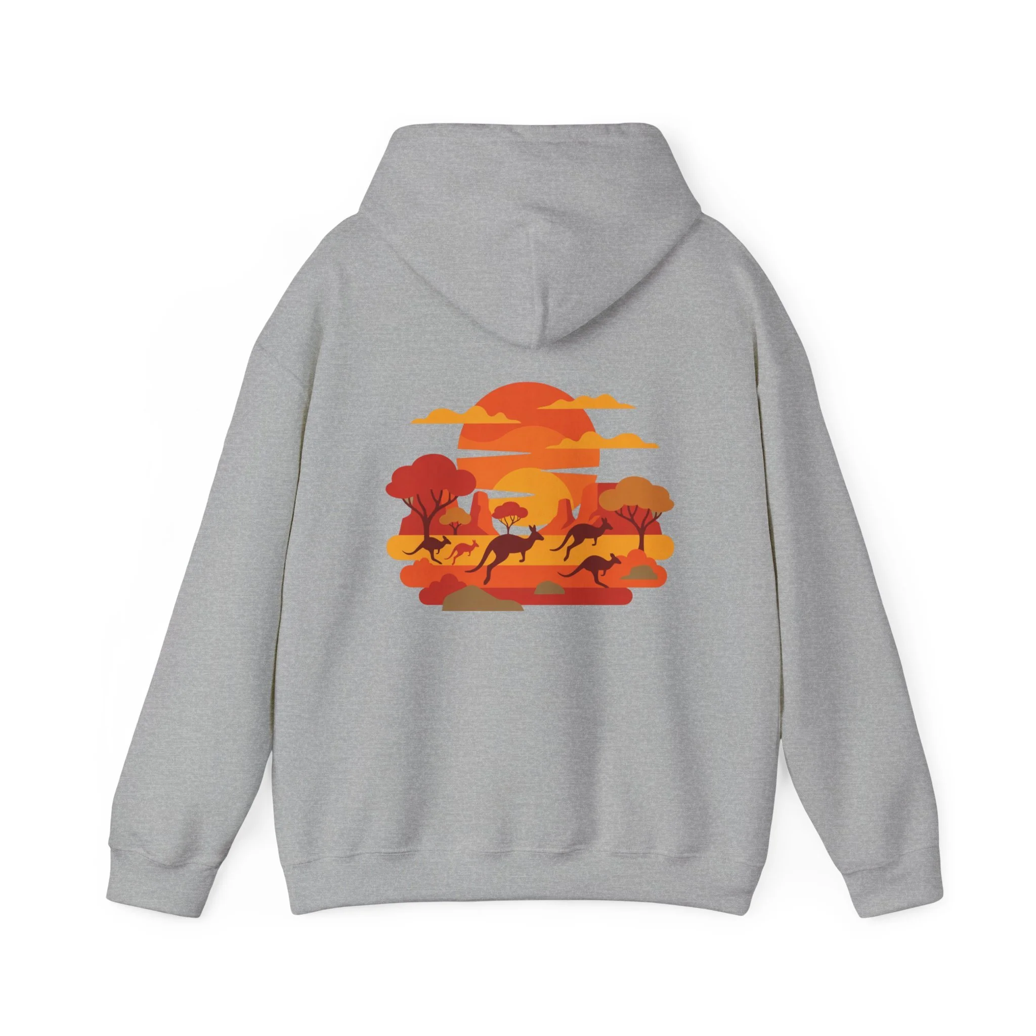 Grey hoodie with kangaroo outback sunset design inspired by Australian wildlife and desert landscape.