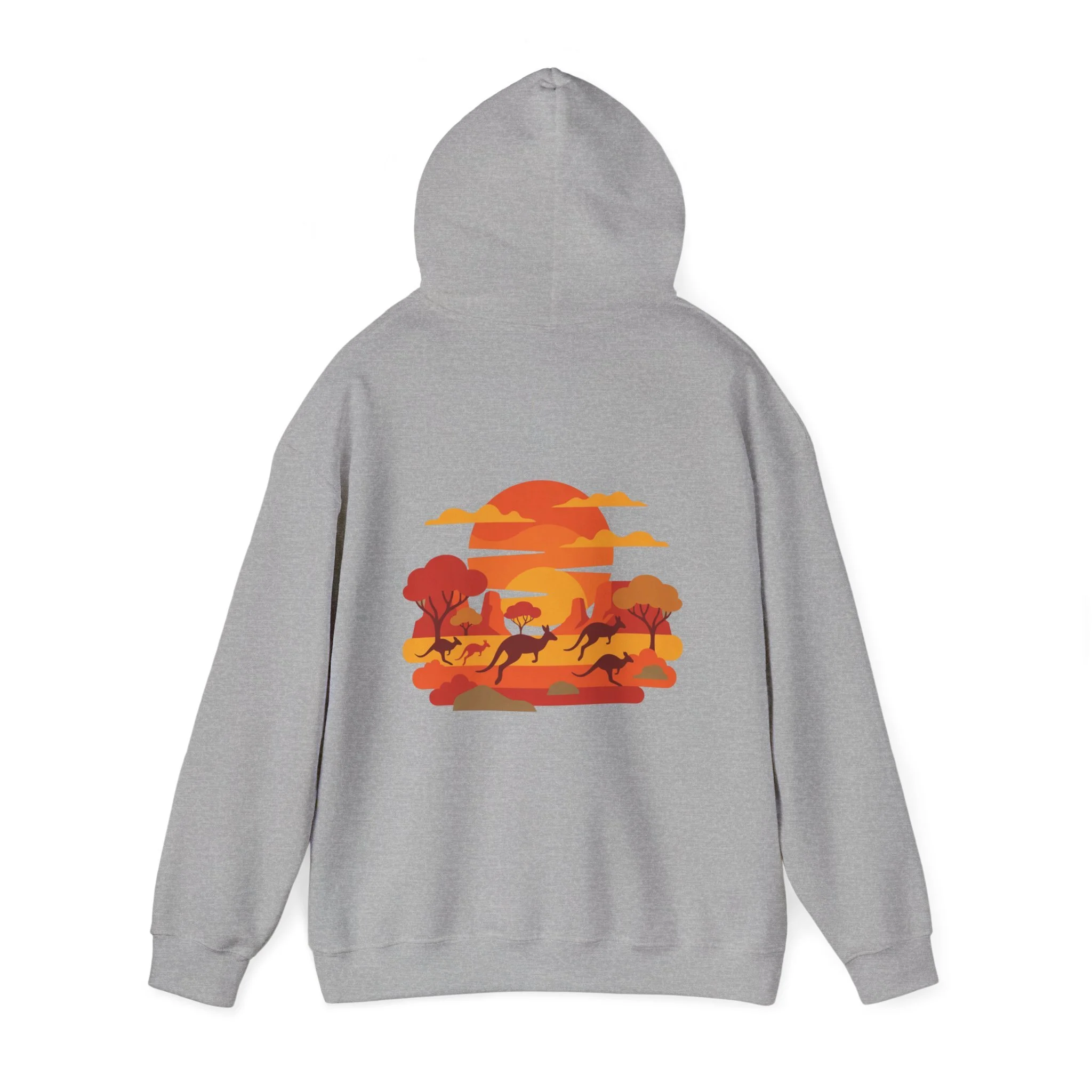Grey hoodie featuring kangaroos in the outback sunset illustration inspired by Western Australia landscape.