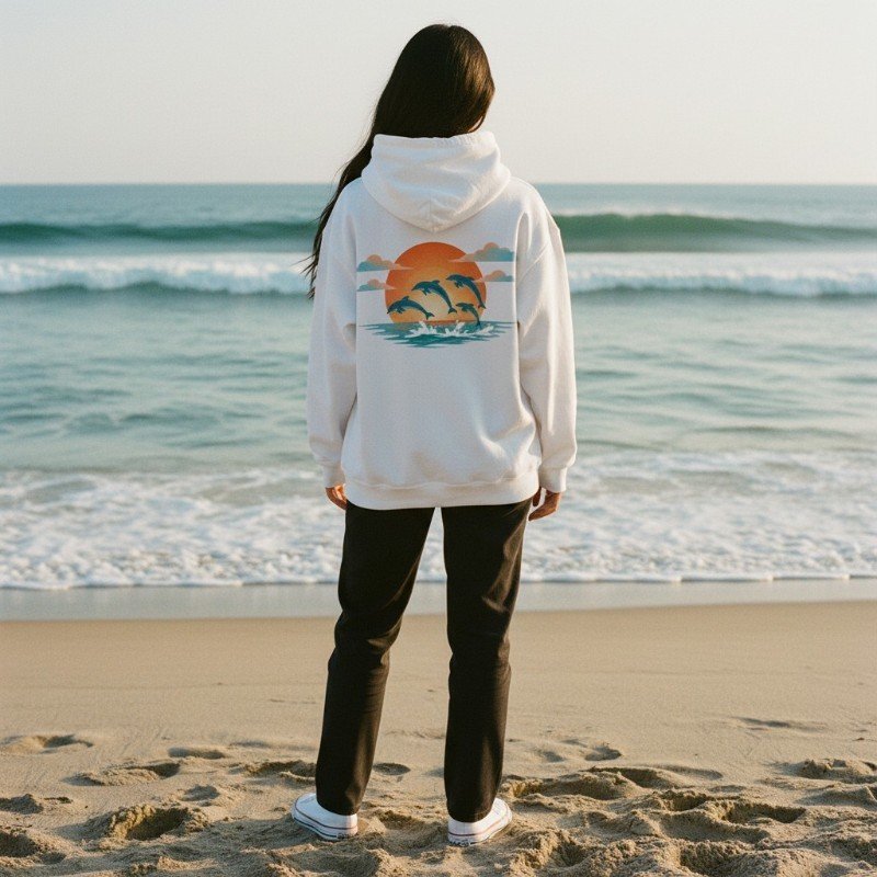 Person wearing white hoodie with dolphins swimming at sunset graphic inspired by Western Australia ocean.