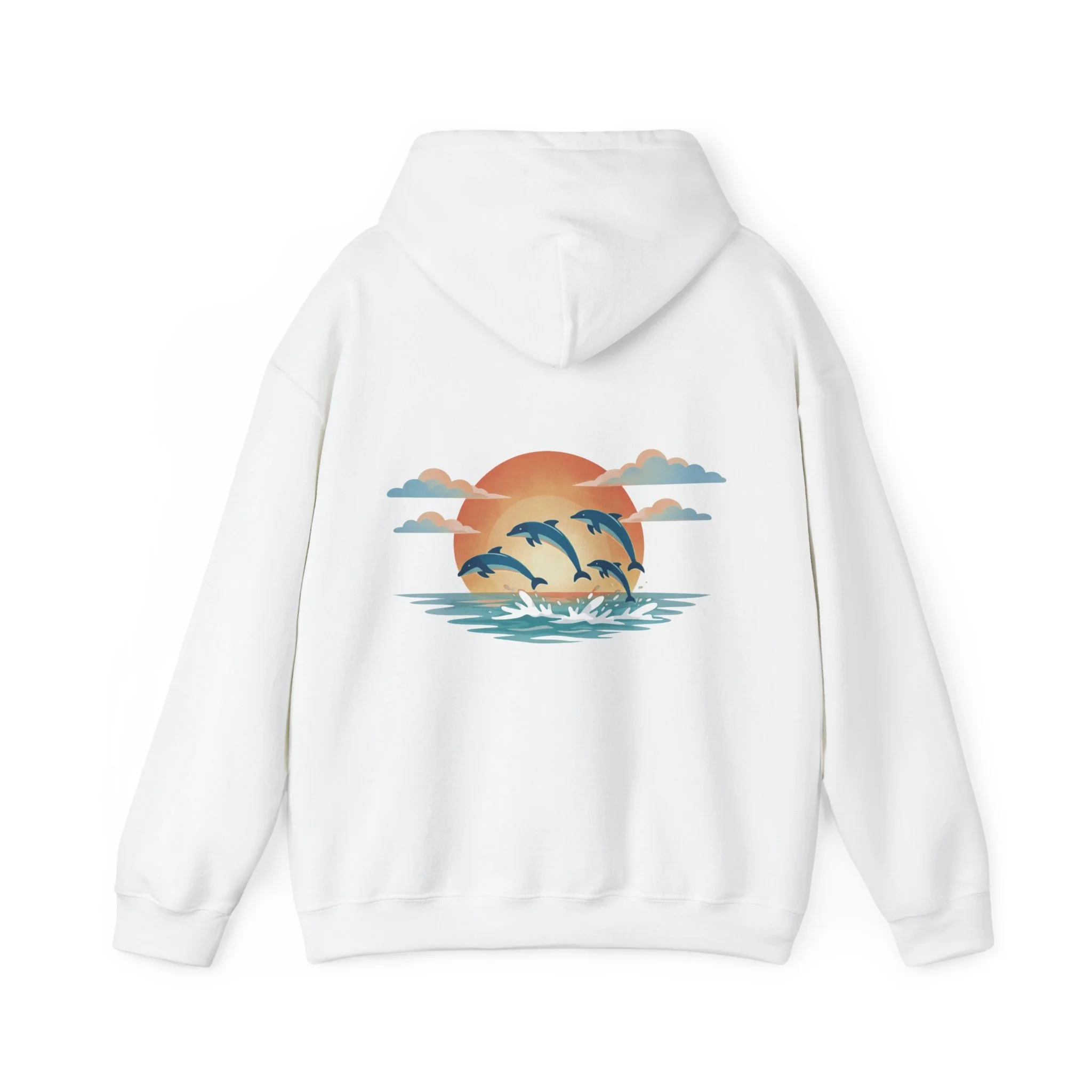 White hoodie with dolphins sunset ocean design inspired by Western Australia marine wildlife.