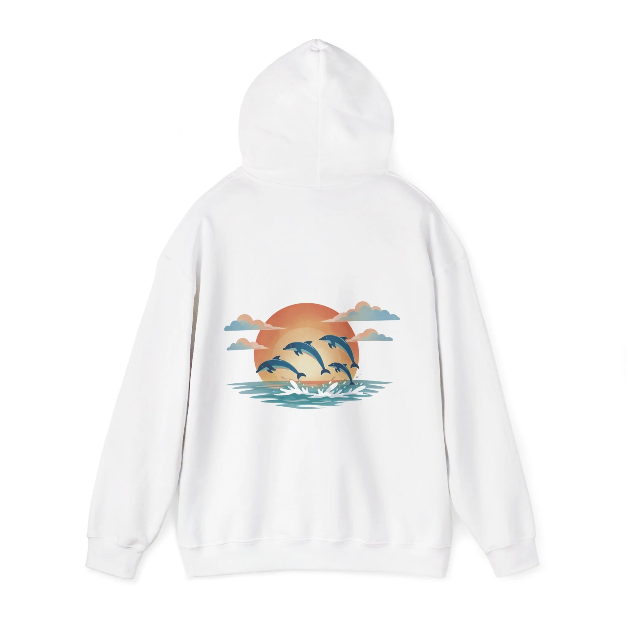 White hoodie featuring dolphins swimming at sunset over the ocean inspired by Western Australia coastline.