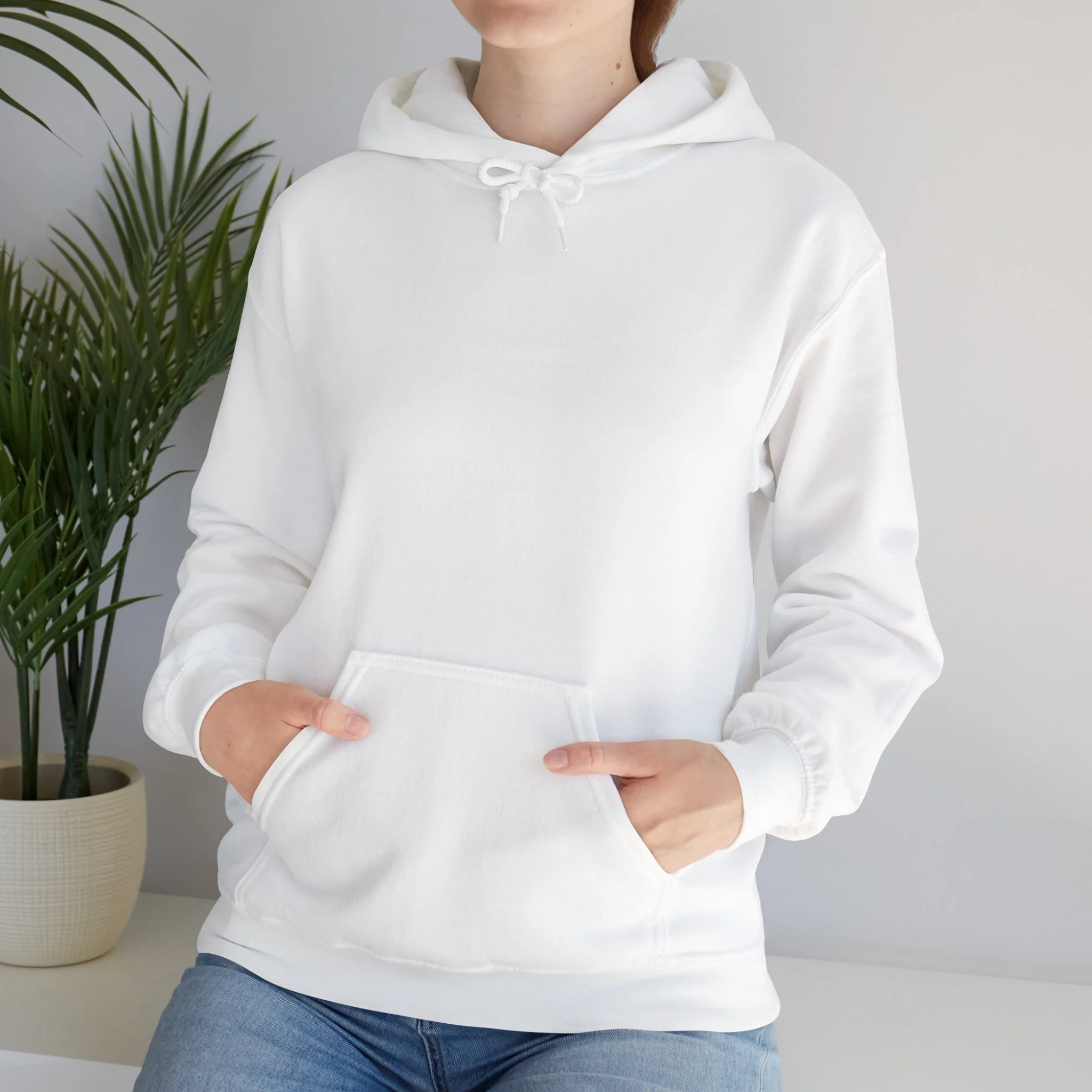 Front view of white hoodie with kangaroo pocket from Western Australia ocean inspired apparel collection.