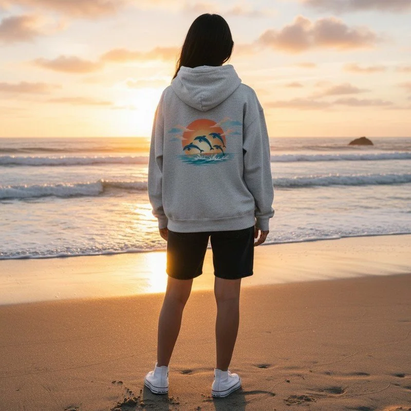 Person wearing grey hoodie with dolphins swimming at sunset graphic inspired by Western Australia ocean.