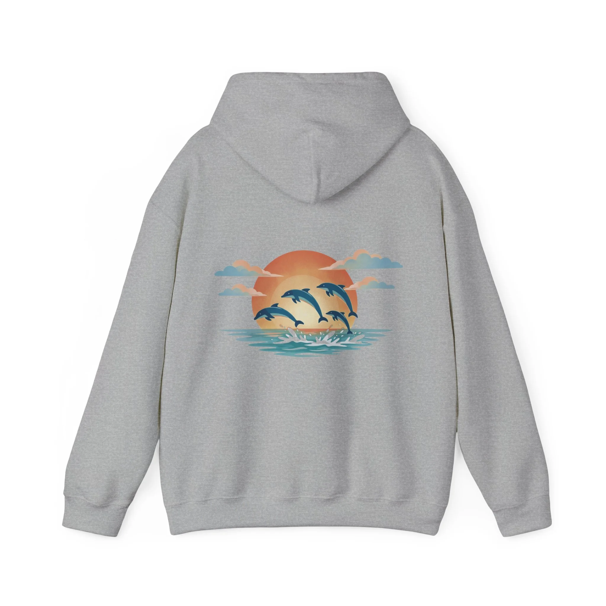 Grey hoodie with dolphins sunset ocean design inspired by Western Australia marine wildlife.