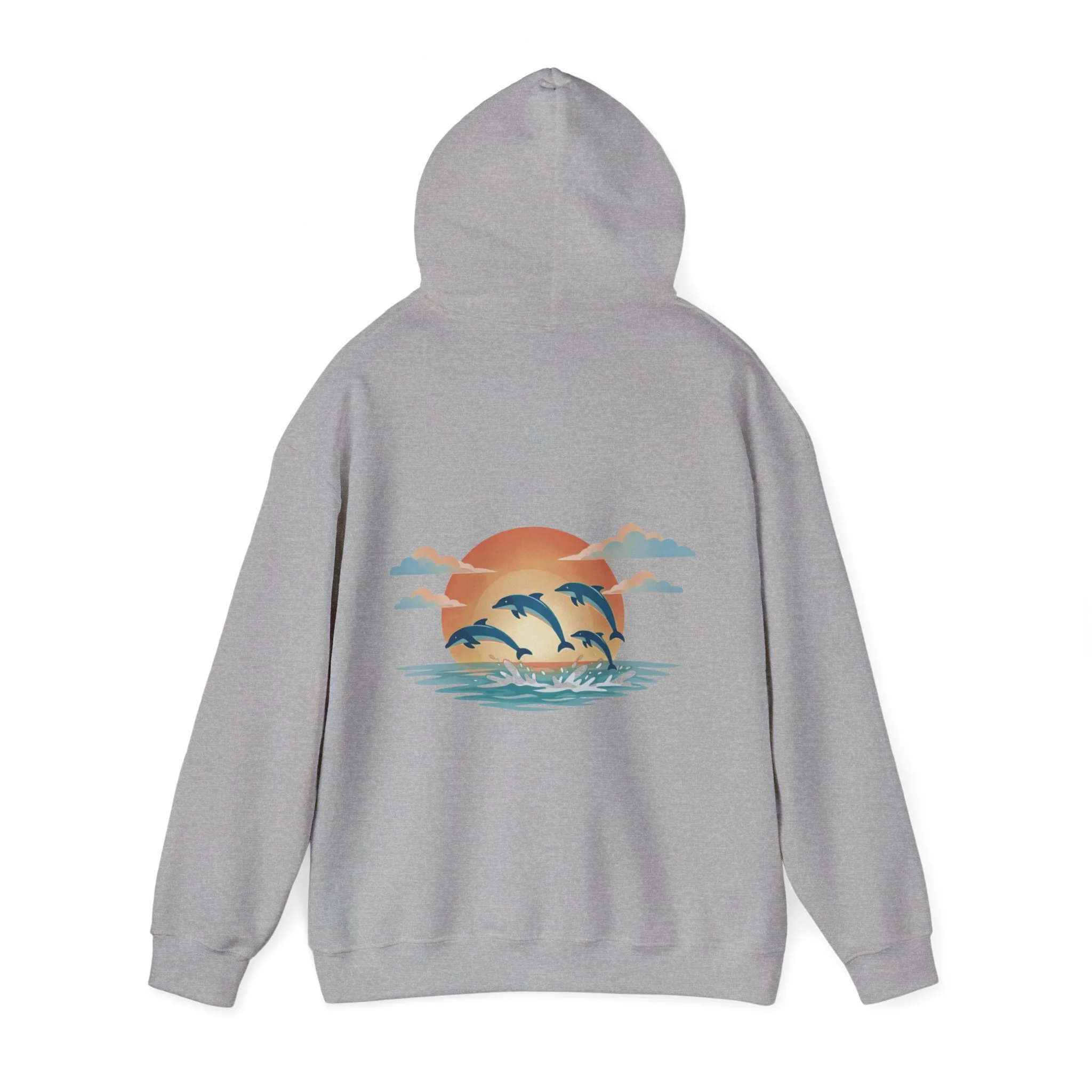 Grey hoodie featuring dolphins swimming at sunset over the ocean inspired by Western Australia coastline.