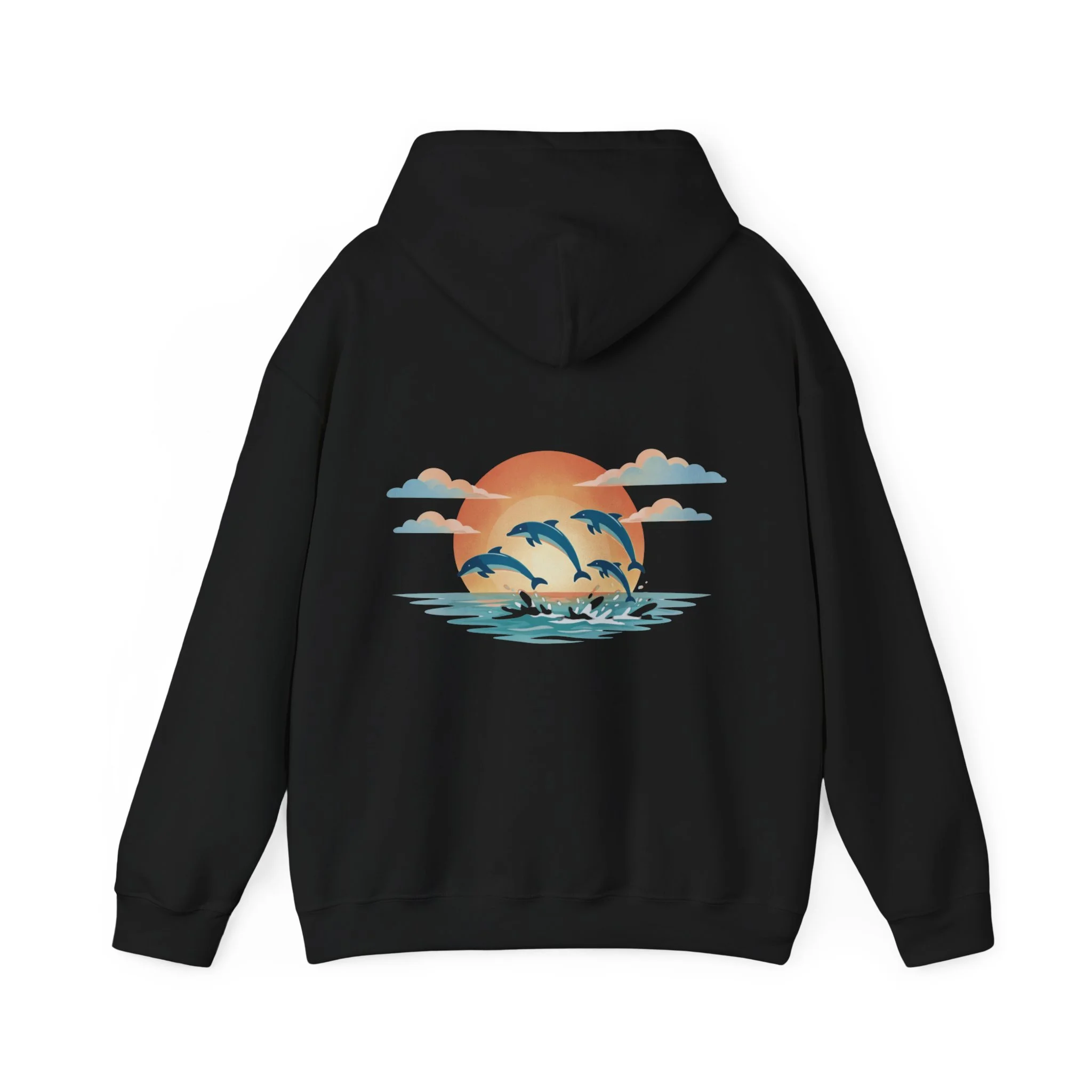 Black hoodie with dolphins sunset ocean design inspired by Western Australia marine wildlife.