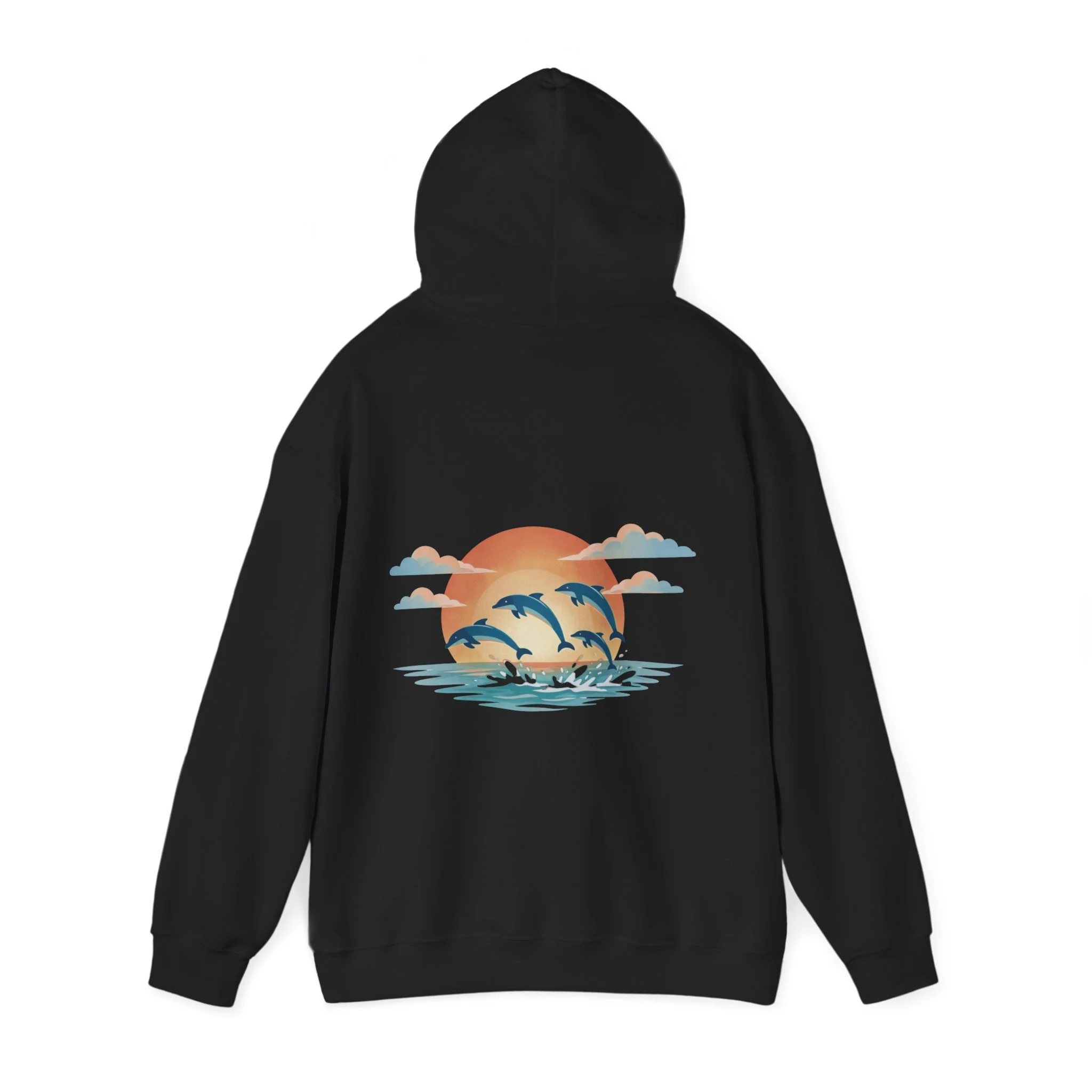 Black hoodie featuring dolphins swimming at sunset over the ocean inspired by Western Australia coastline.