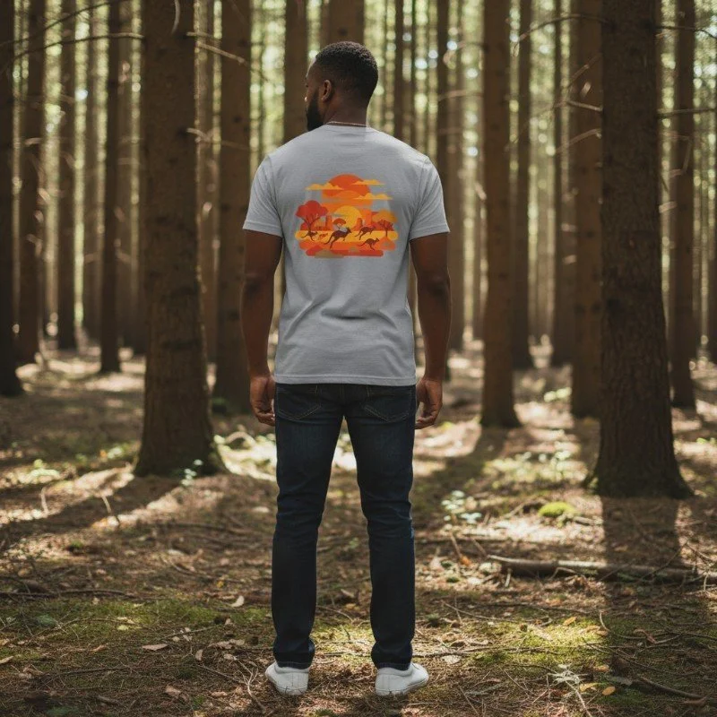 Person wearing grey t-shirt with kangaroo sunset design inspired by the Australian outback and wildlife.