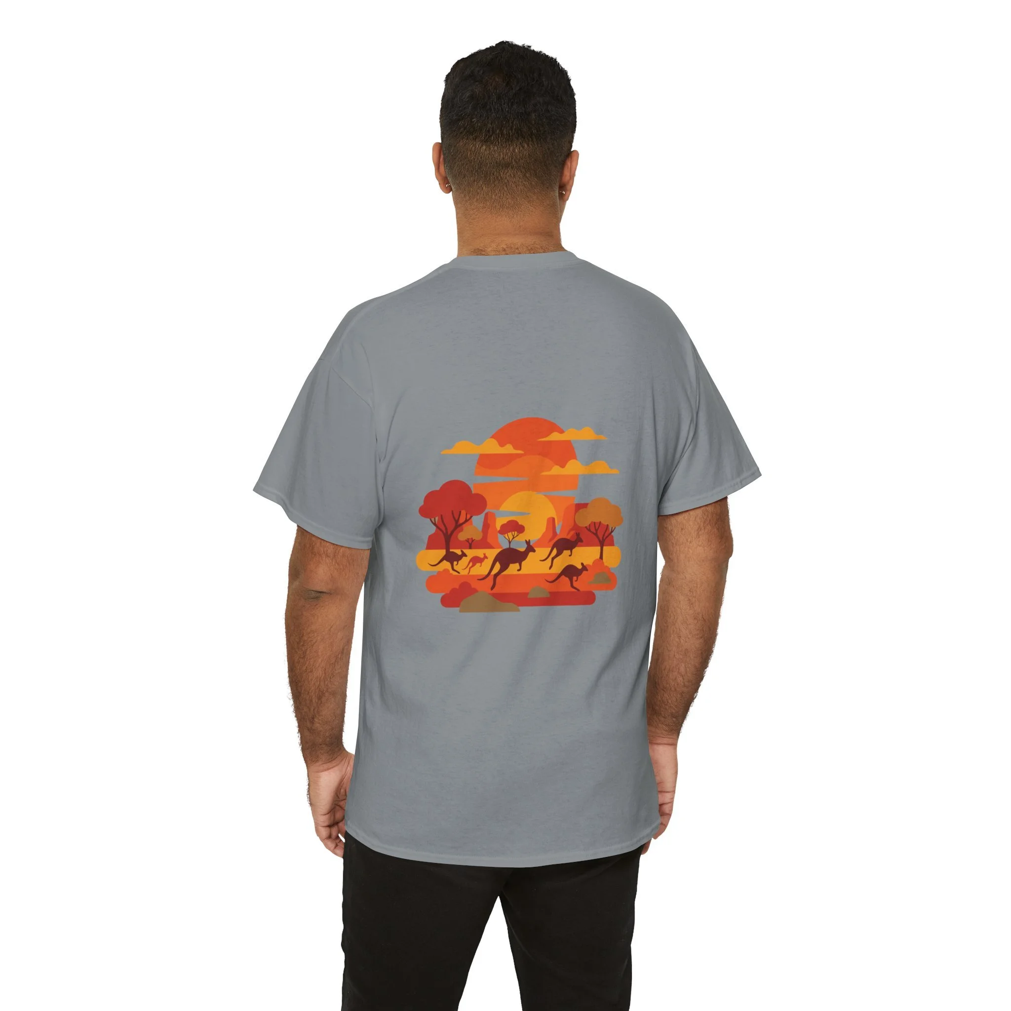 Grey t-shirt with kangaroo sunset graphic inspired by the Australian outback landscape.
