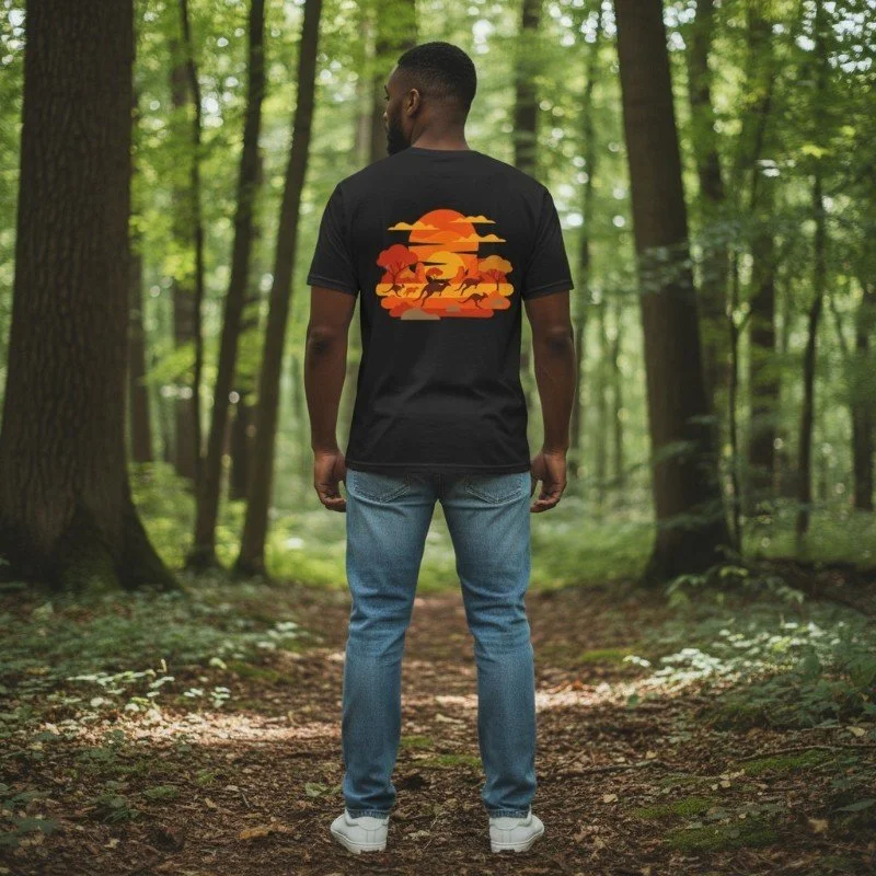 Person wearing black t-shirt with kangaroo sunset design inspired by the Australian outback and wildlife.