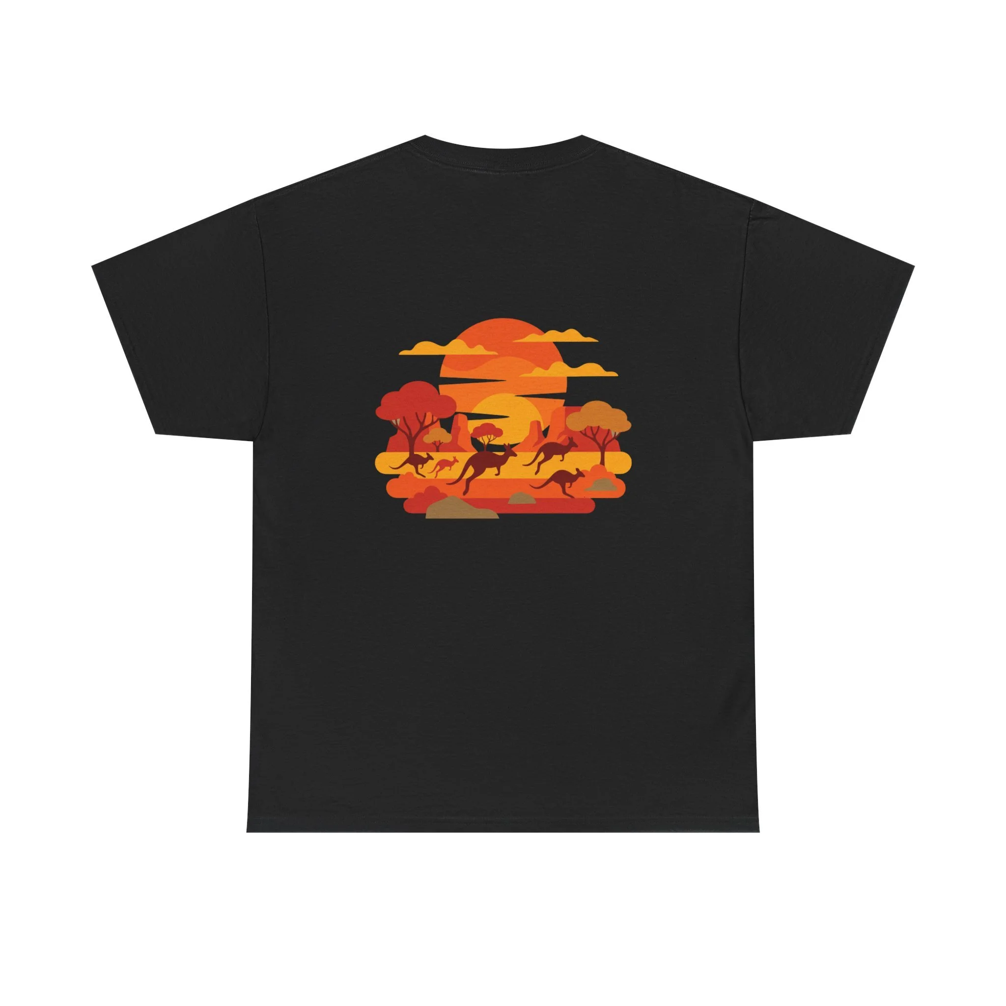 Black t-shirt featuring kangaroos in the outback at sunset inspired by Australian wildlife and nature.