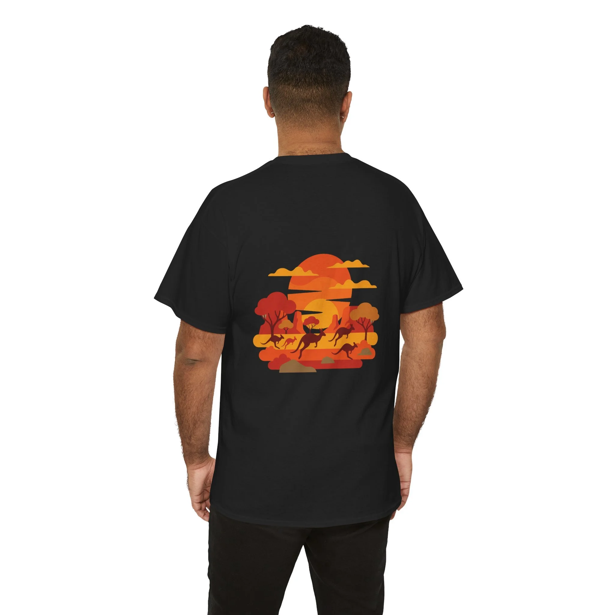 Black t-shirt with kangaroo sunset graphic inspired by the Australian outback landscape.