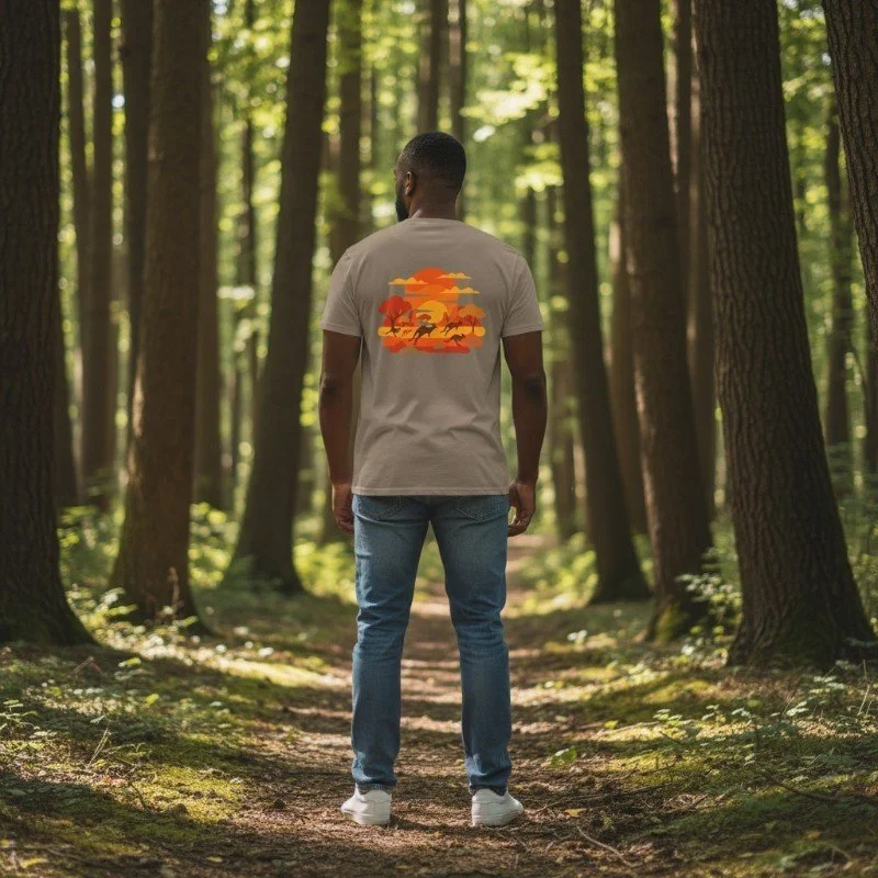 Person wearing brown savana t-shirt with kangaroo sunset design inspired by the Australian outback and wildlife.