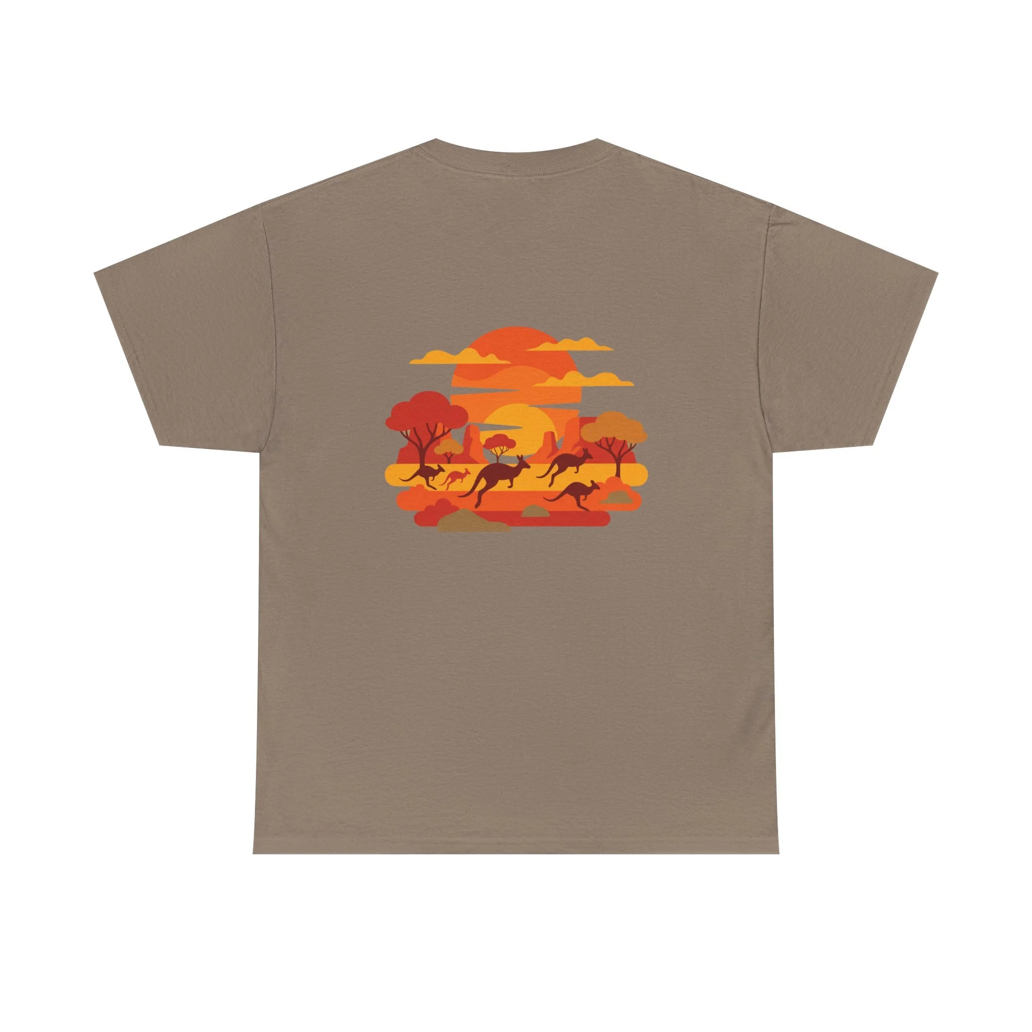 Brown savana t-shirt featuring kangaroos in the outback at sunset inspired by Australian wildlife and nature.