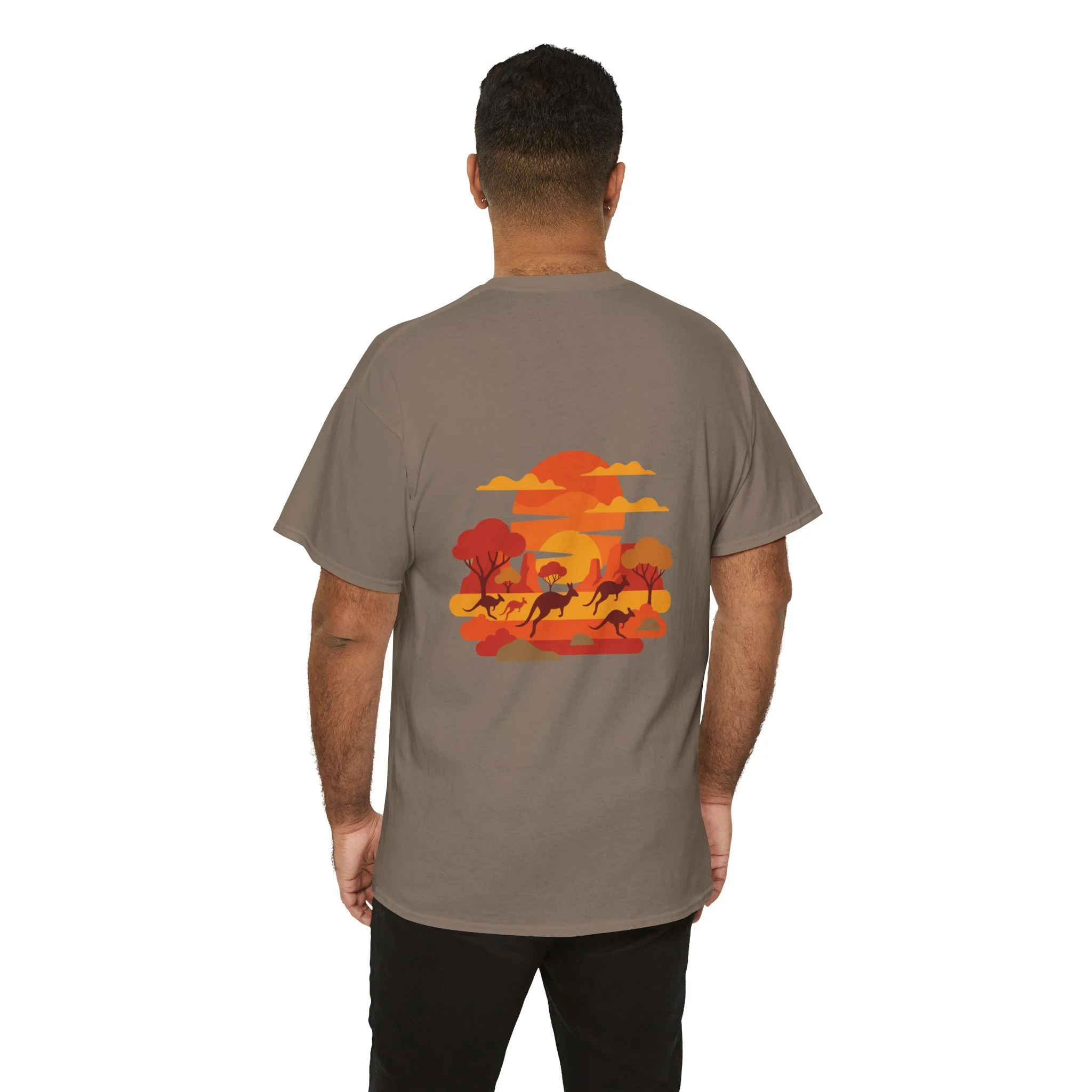 Brown savana t-shirt with kangaroo sunset graphic inspired by the Australian outback landscape.