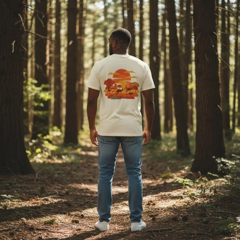 Person wearing cream t-shirt with kangaroo sunset design inspired by the Australian outback and wildlife.