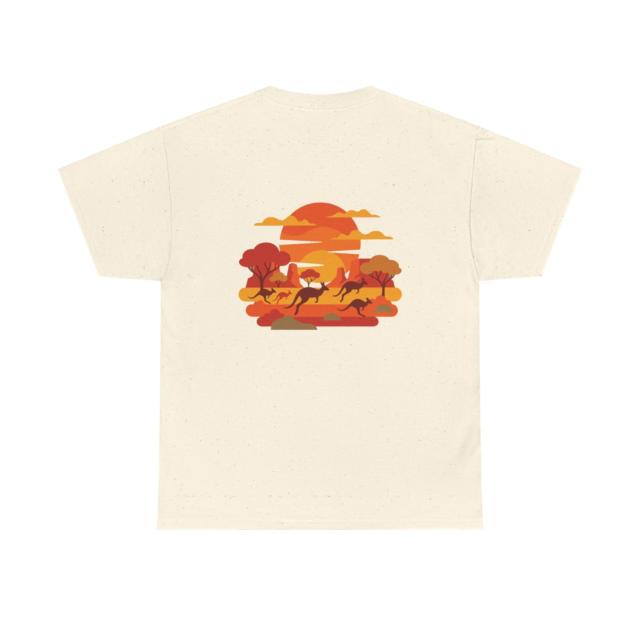 Cream t-shirt featuring kangaroos in the outback at sunset inspired by Australian wildlife and nature.