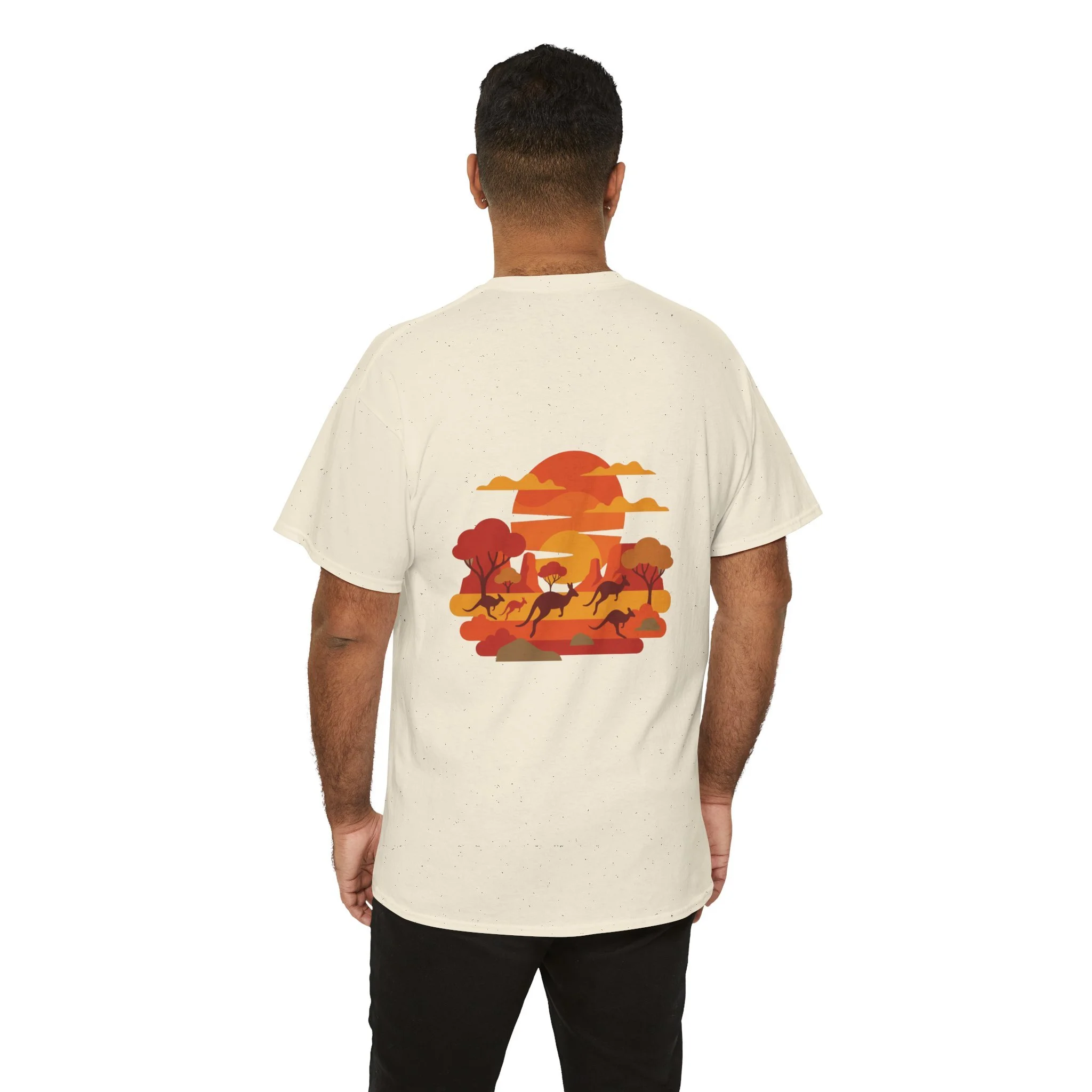 Cream t-shirt with kangaroo sunset graphic inspired by the Australian outback landscape.
