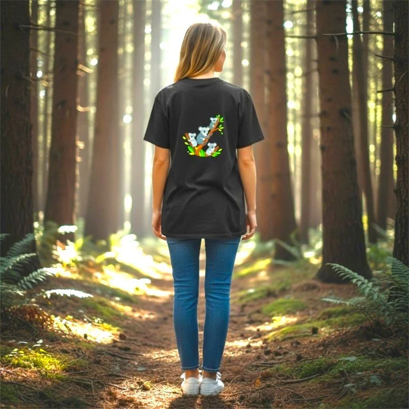 Person wearing black t-shirt with koalas climbing tree design inspired by Australian wildlife and nature.