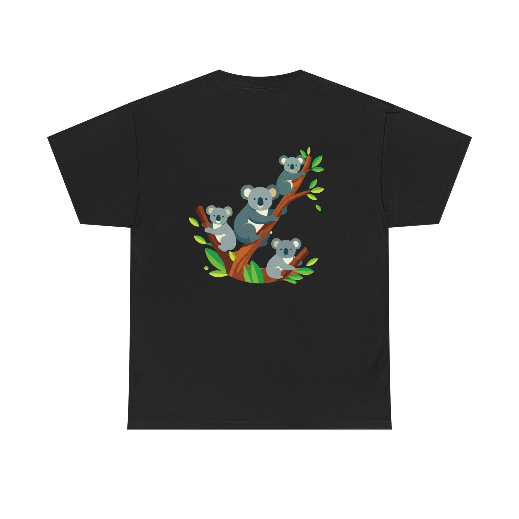 Black t-shirt featuring koala family tree illustration inspired by Australian nature and wildlife.
