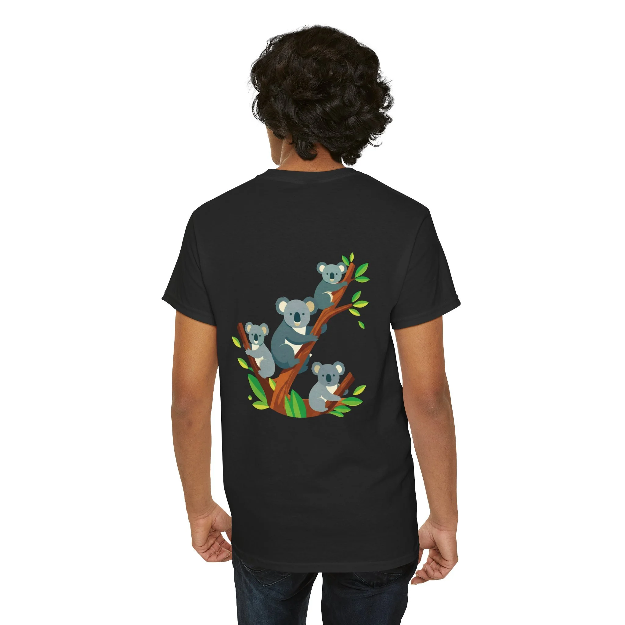 Black t-shirt with cute koalas climbing a tree graphic inspired by Australian wildlife.