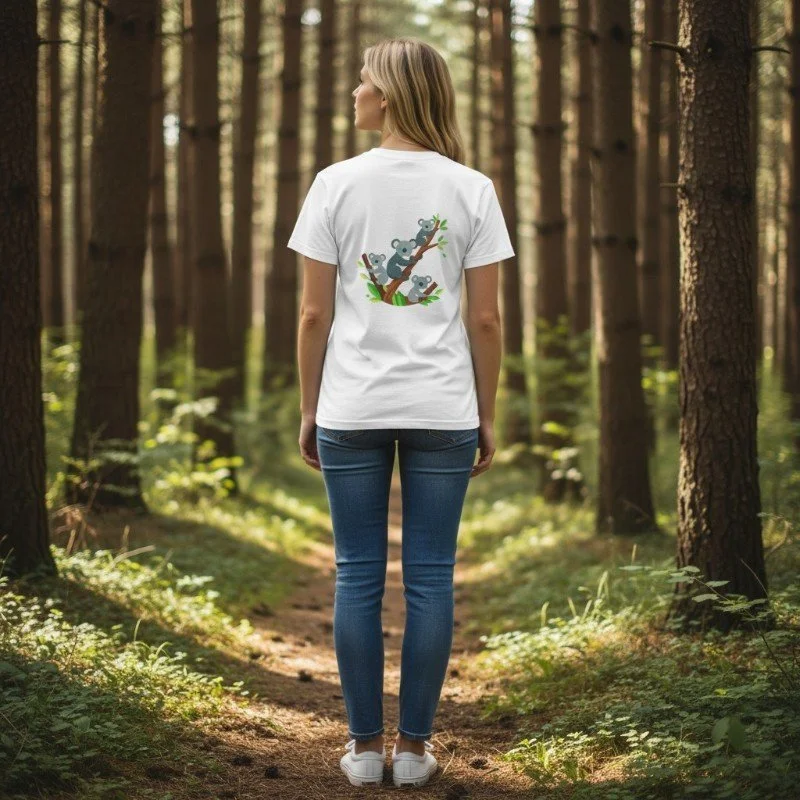 Person wearing white t-shirt with koalas climbing tree design inspired by Australian wildlife and nature.