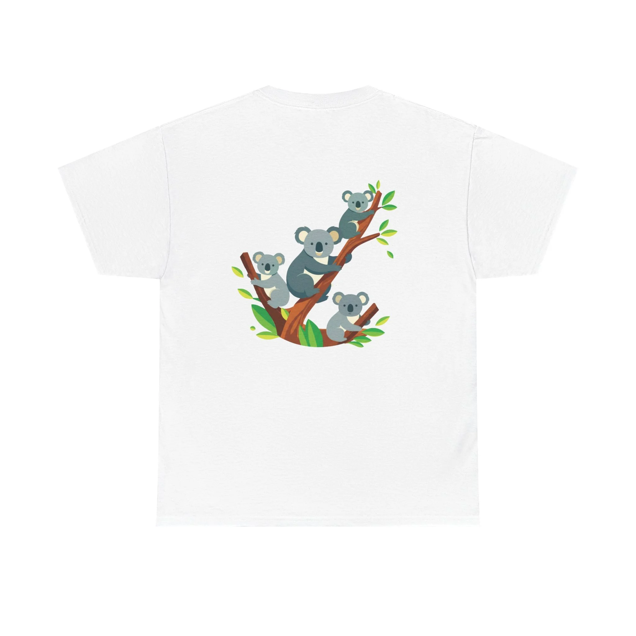 White t-shirt featuring koala family tree illustration inspired by Australian nature and wildlife.