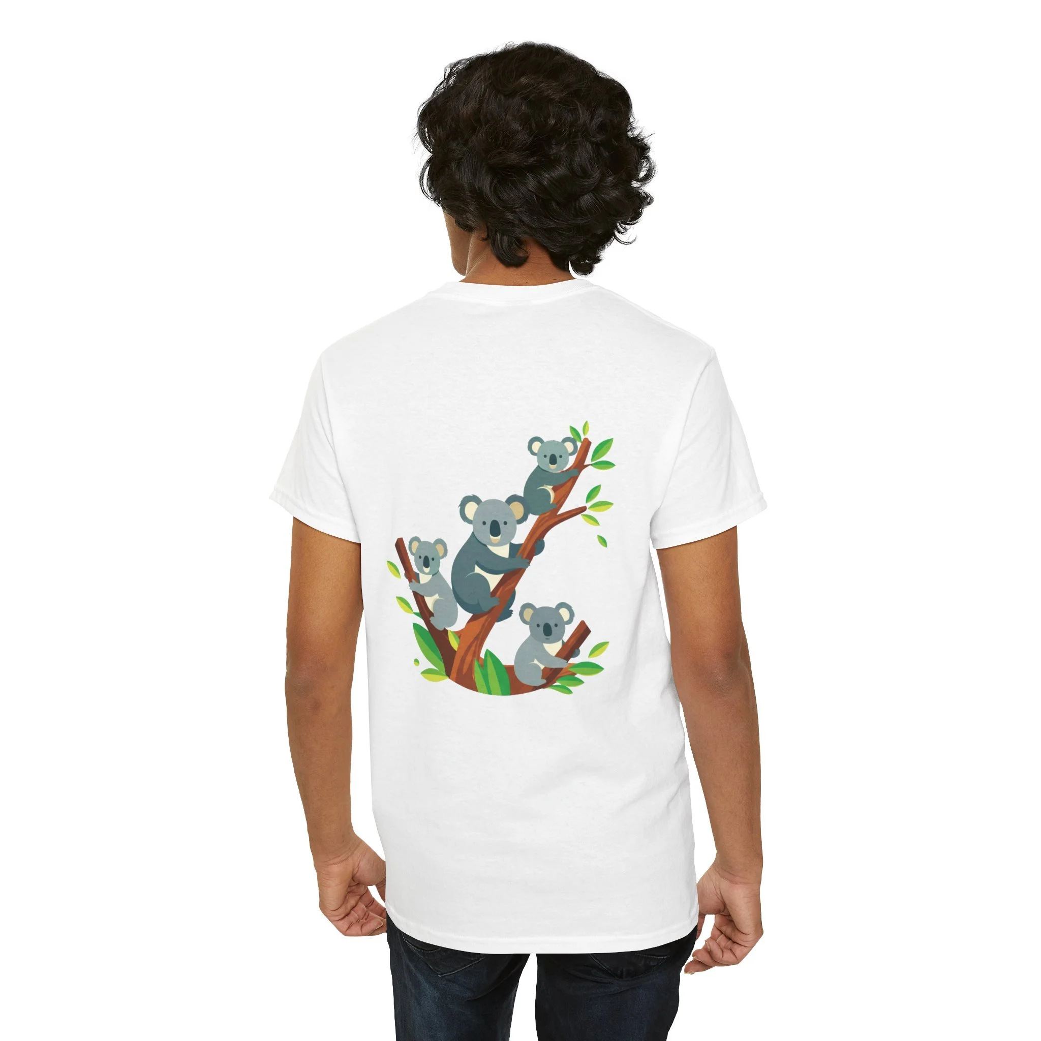 White t-shirt with cute koalas climbing a tree graphic inspired by Australian wildlife.