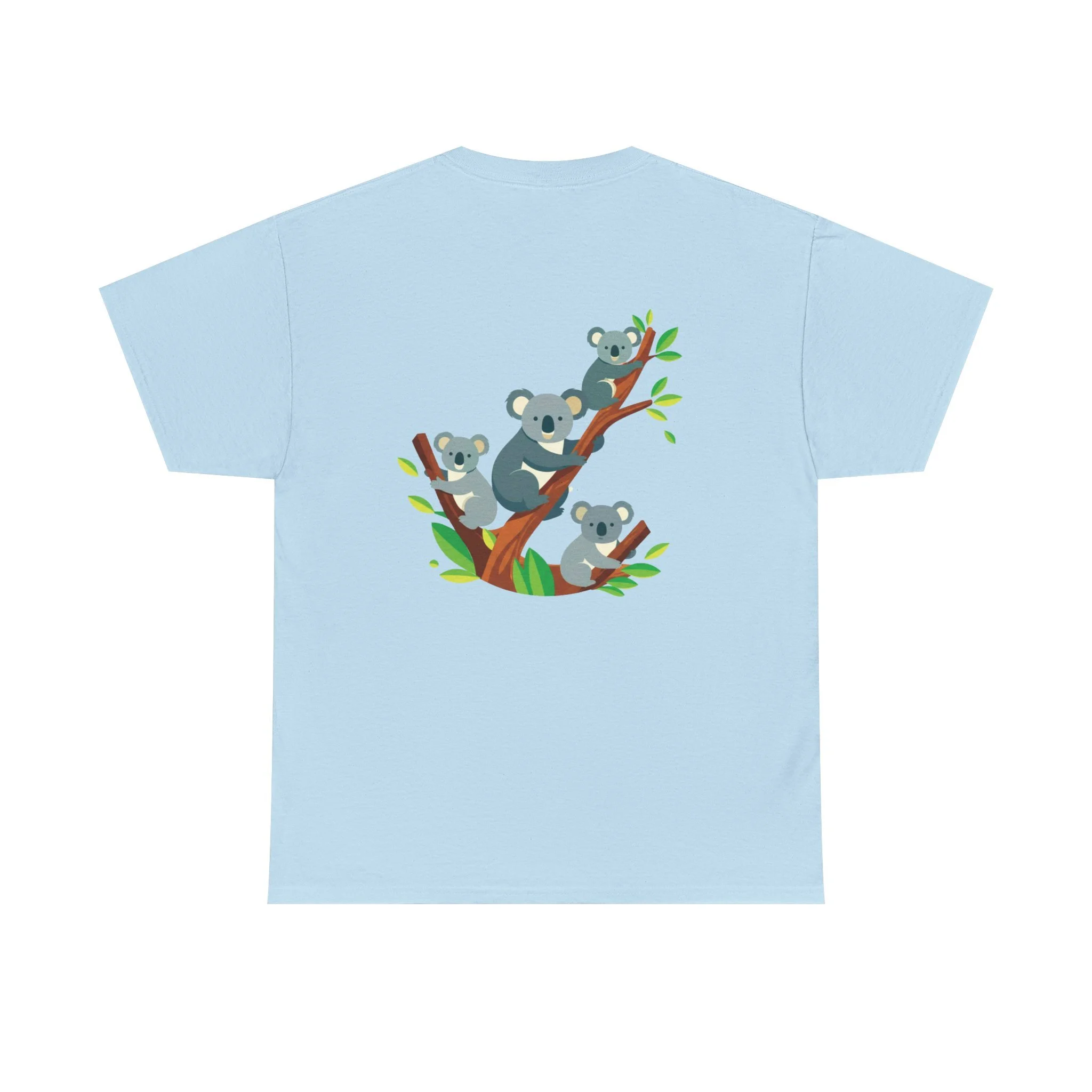 Light blue t-shirt featuring koala family tree illustration inspired by Australian nature and wildlife.