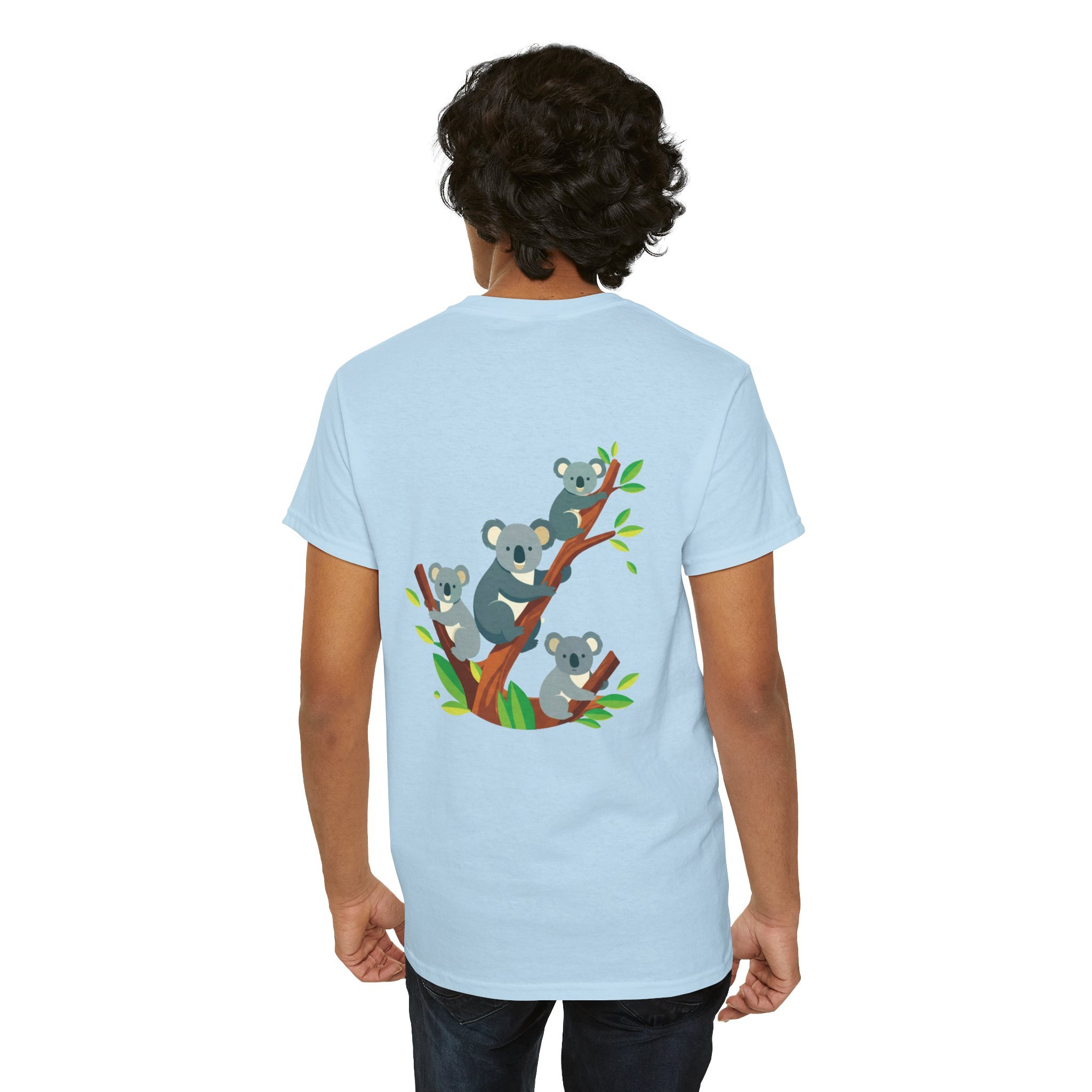 Light blue t-shirt with cute koalas climbing a tree graphic inspired by Australian wildlife.